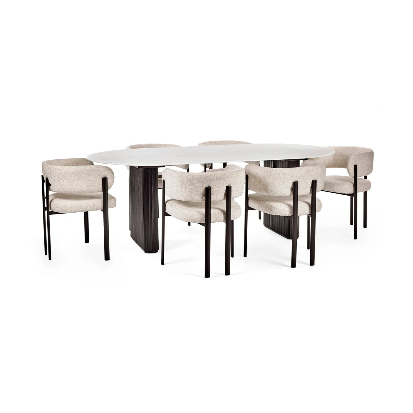 Oval dining table with white top and six beige upholstered chairs with black legs