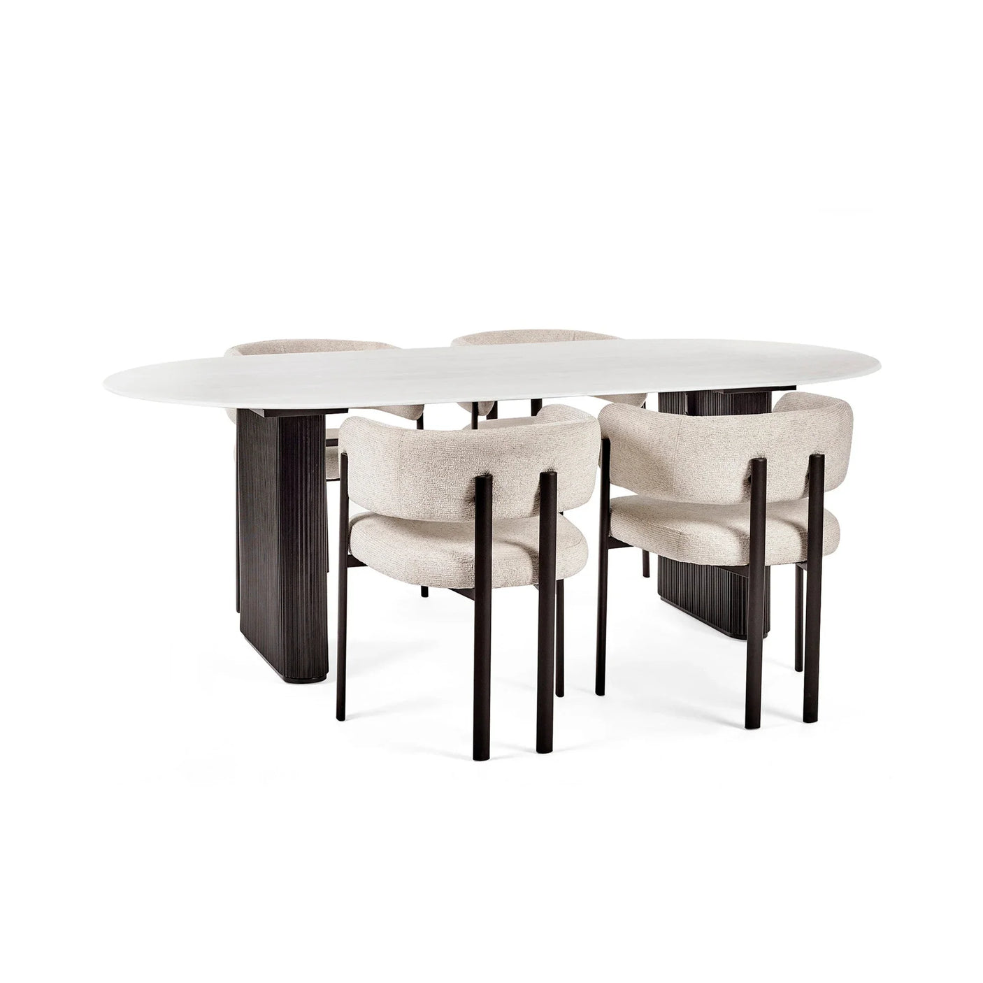 Modern oval dining table with white top and six beige fabric chairs against white background