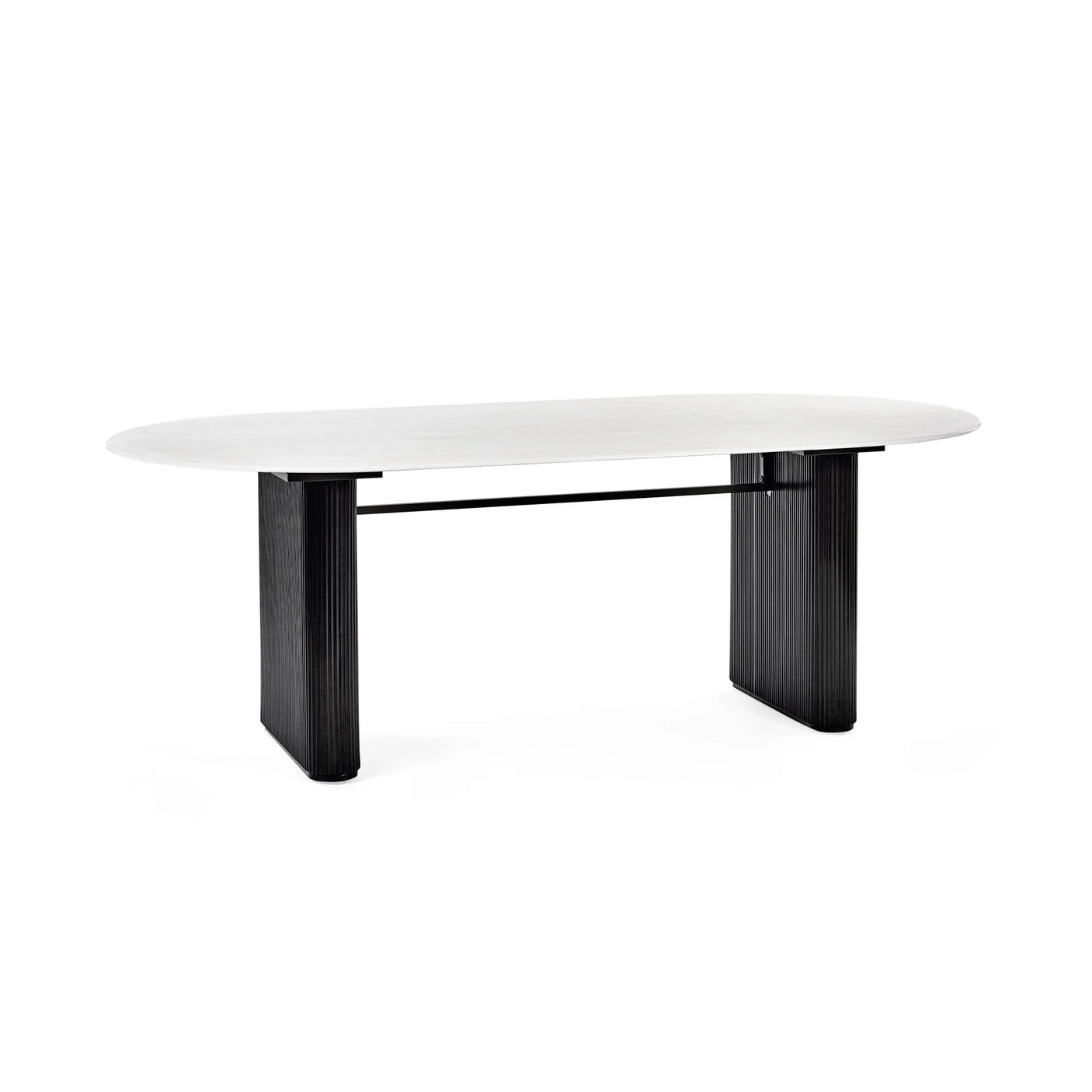 Modern dining table with white oval top and black wooden legs