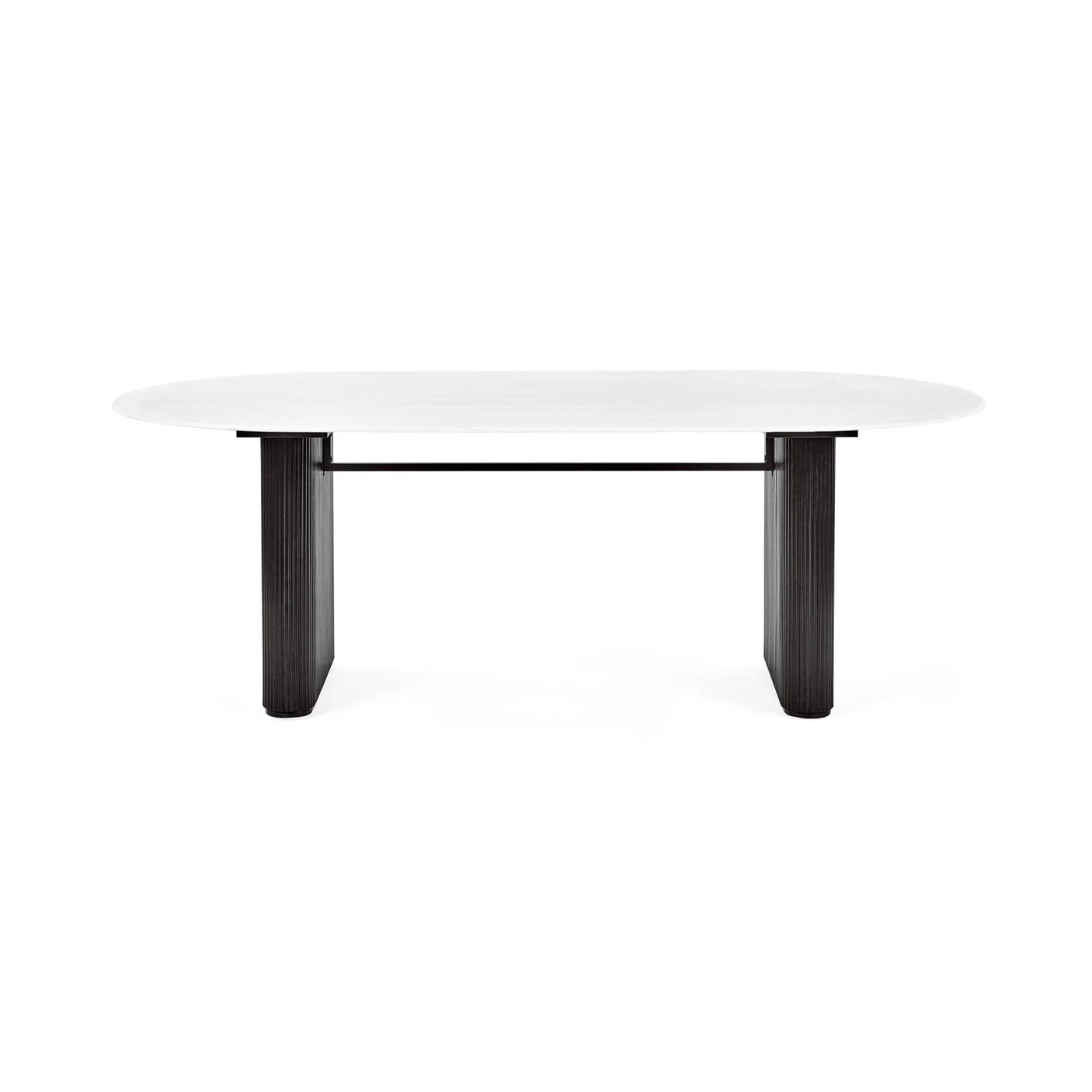 Modern dining table with white oval top and black rectangular legs, front view