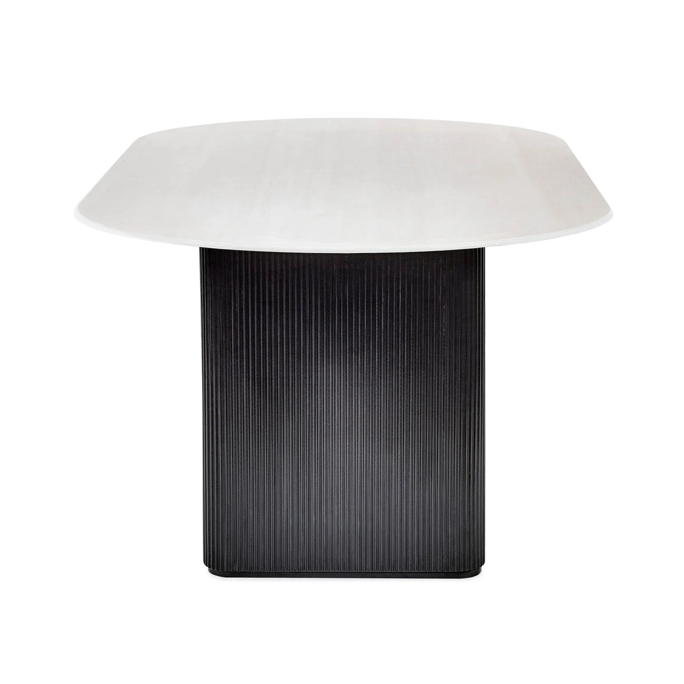 Rectangular dining table with white top and black fluted pedestal base, front view
