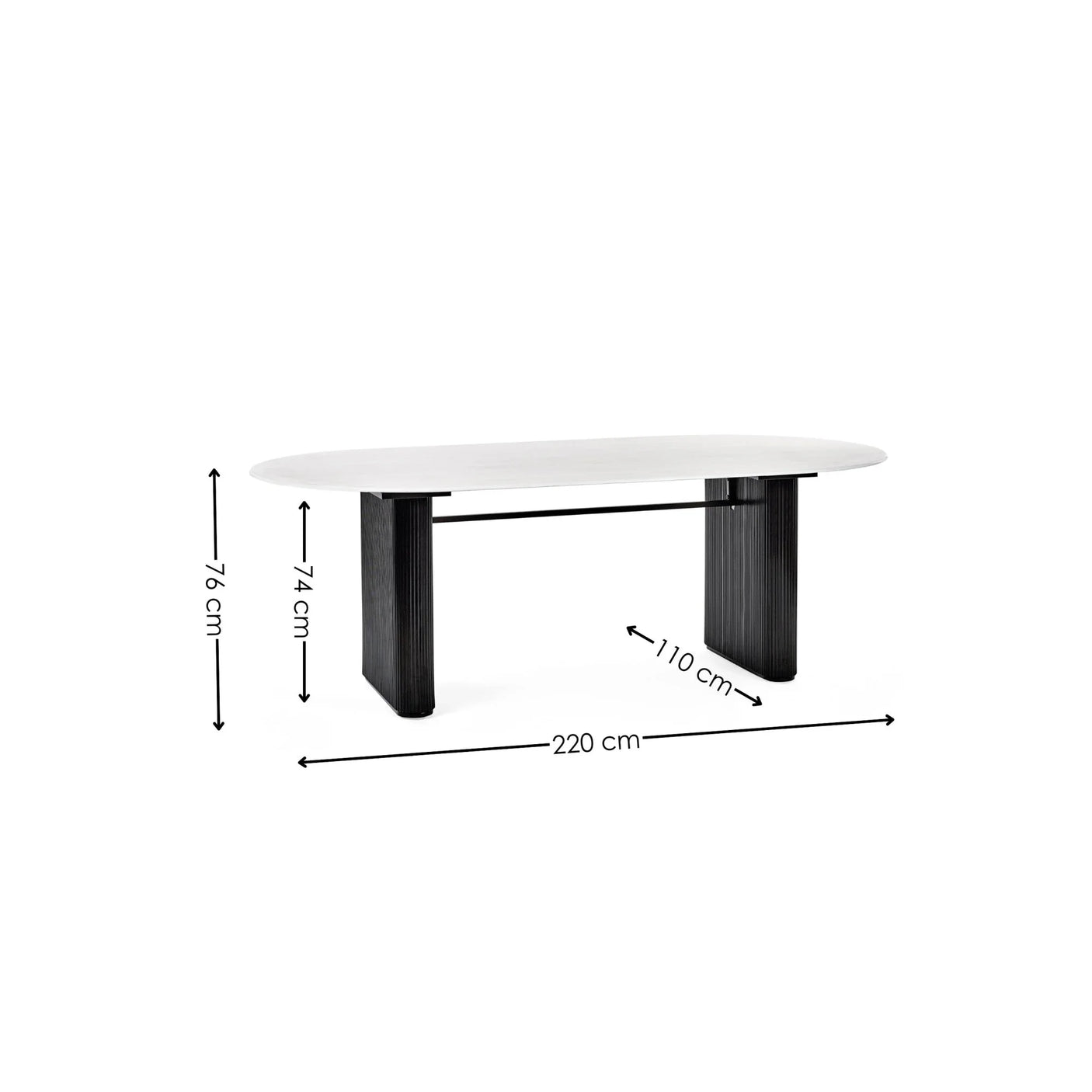 Modern dining table with white top, black legs, and dimensions 220x110x76 cm displayed