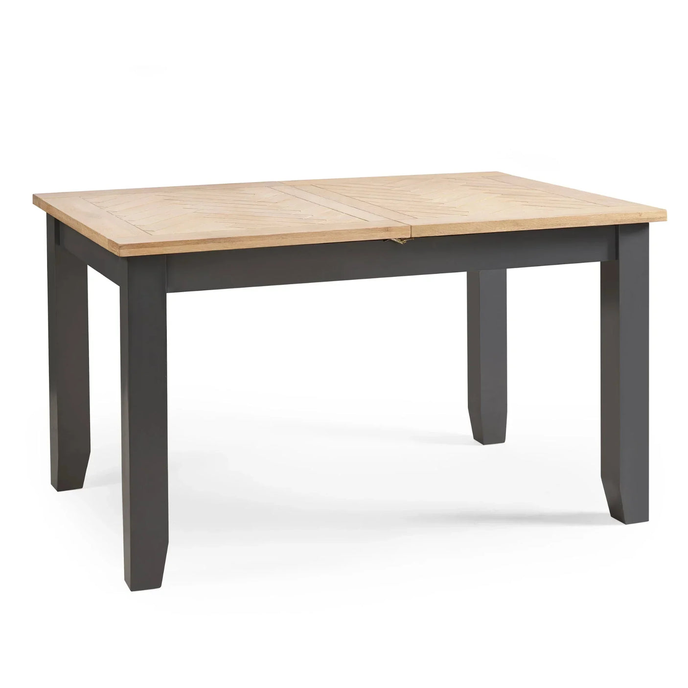Bordeaux extending dining table with oak top and dark grey legs, angled front view