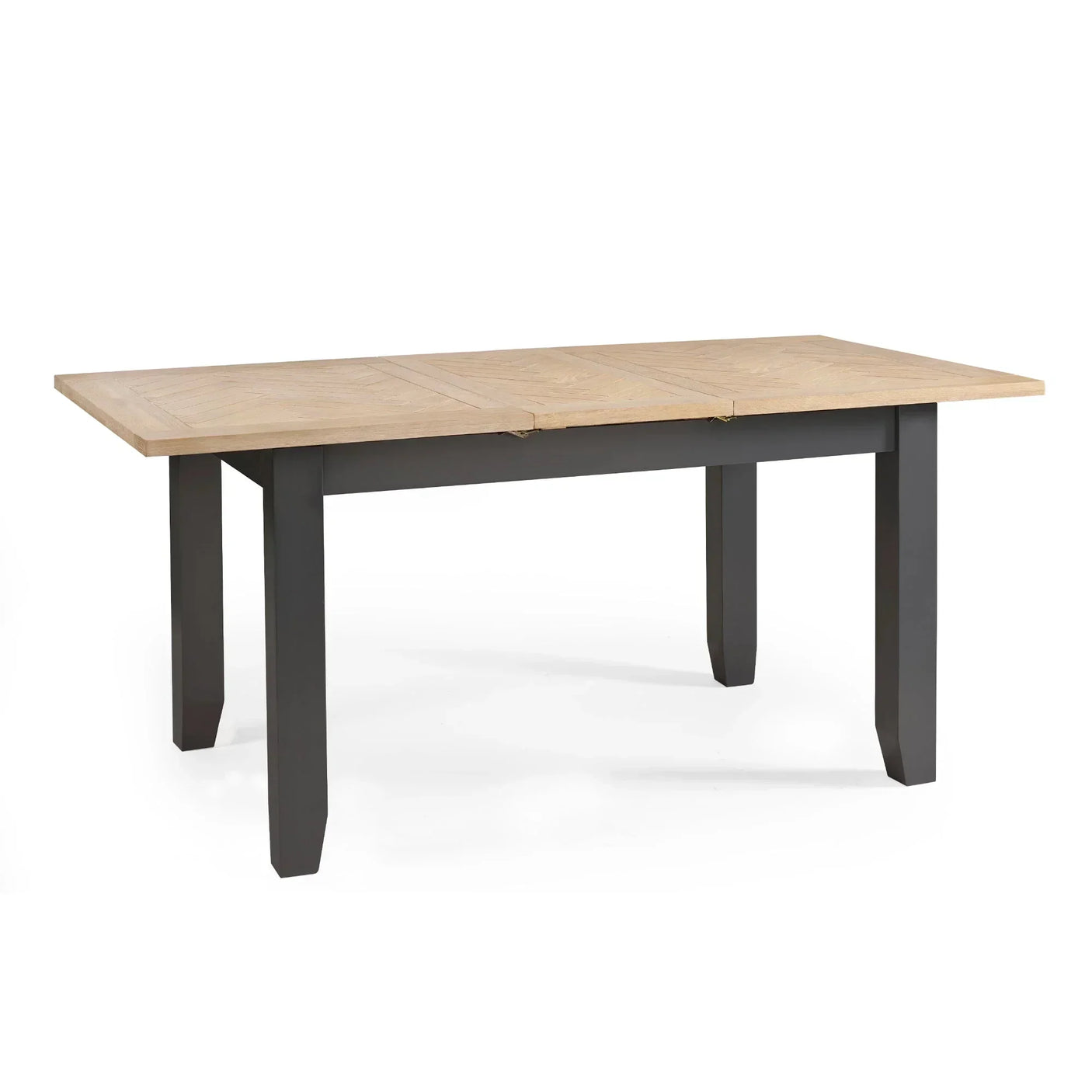 Bordeaux extending dining table with light wood top and charcoal legs, shown at angle