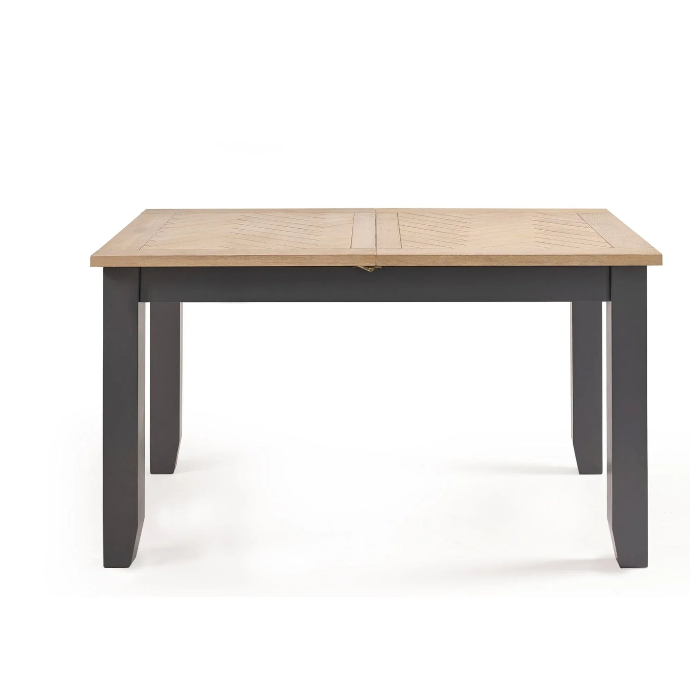 Bordeaux extending dining table with oak top and grey legs, front view on white background