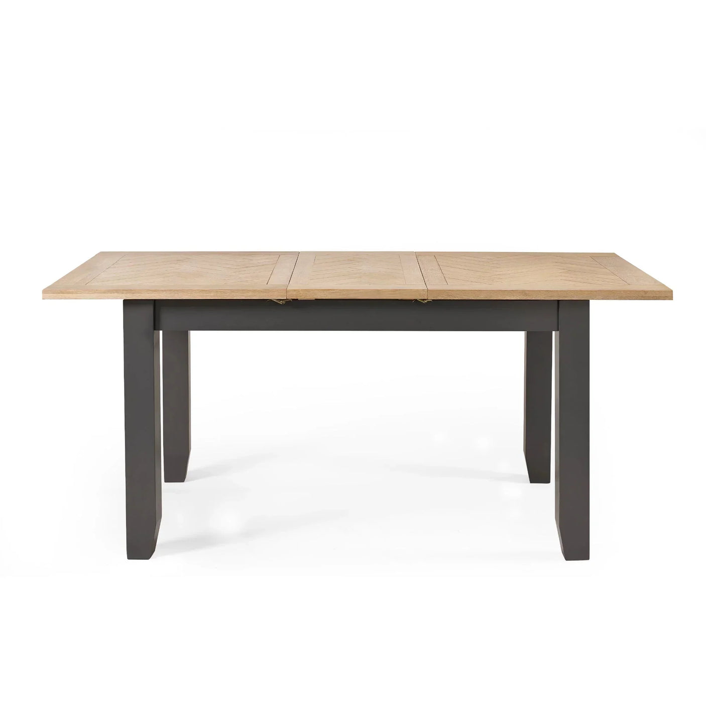 Bordeaux extending dining table with light wood top and dark legs, front view