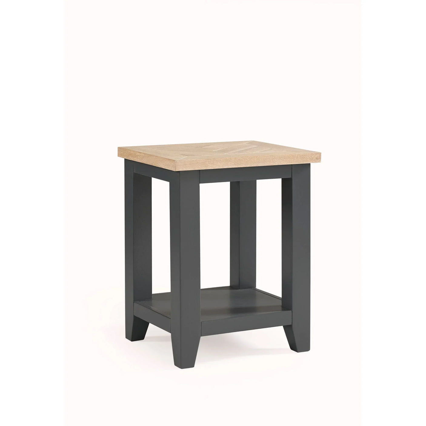 Oak and grey side table with lower shelf, contemporary design, photographed front angle