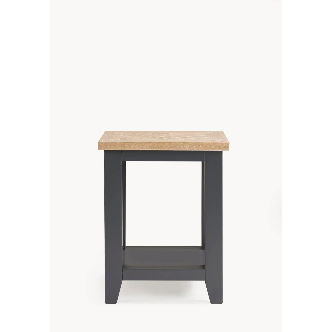 Oak top side table with dark grey legs and lower shelf, front view