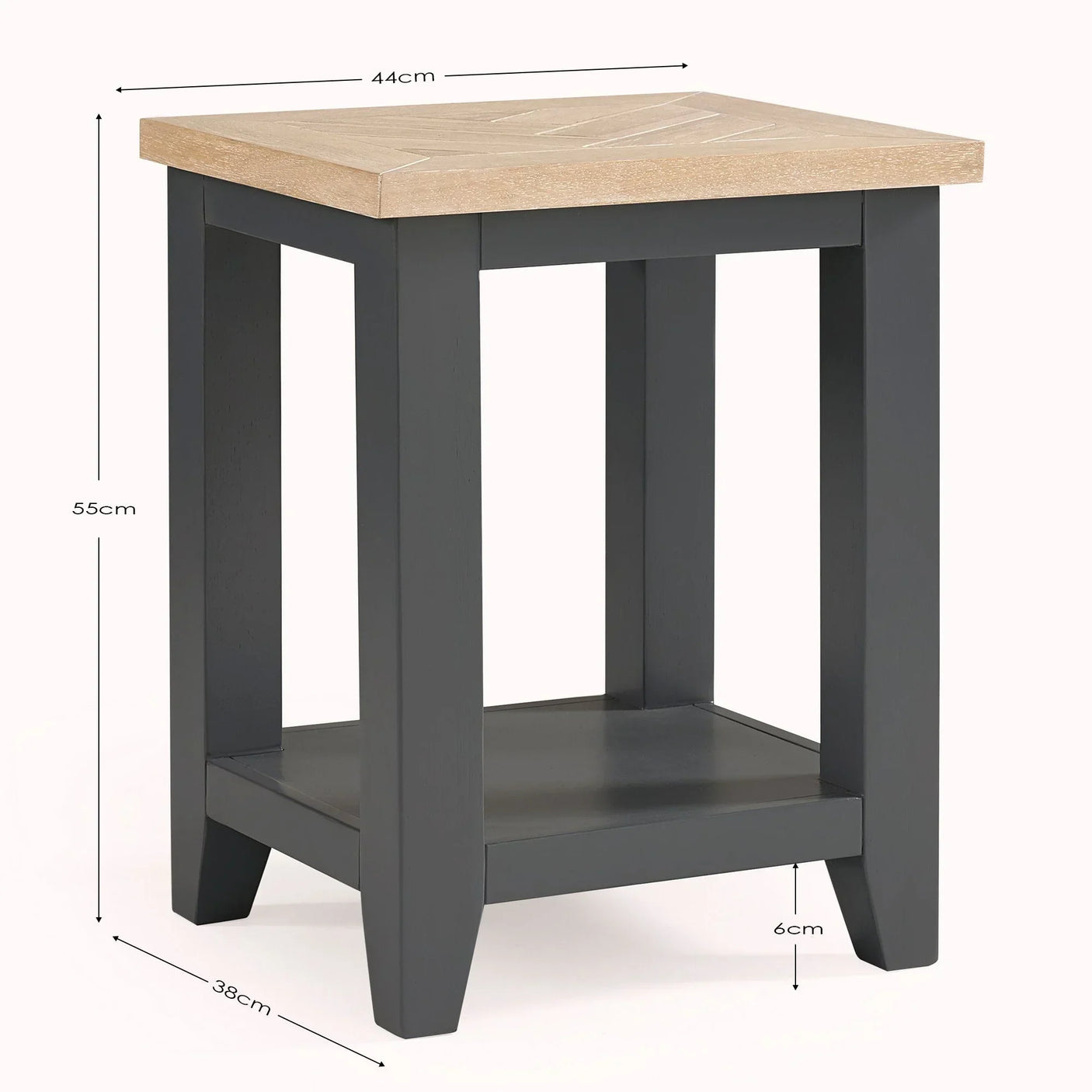 Side table with natural wood top and black frame, dimensions 55cm high by 44cm wide