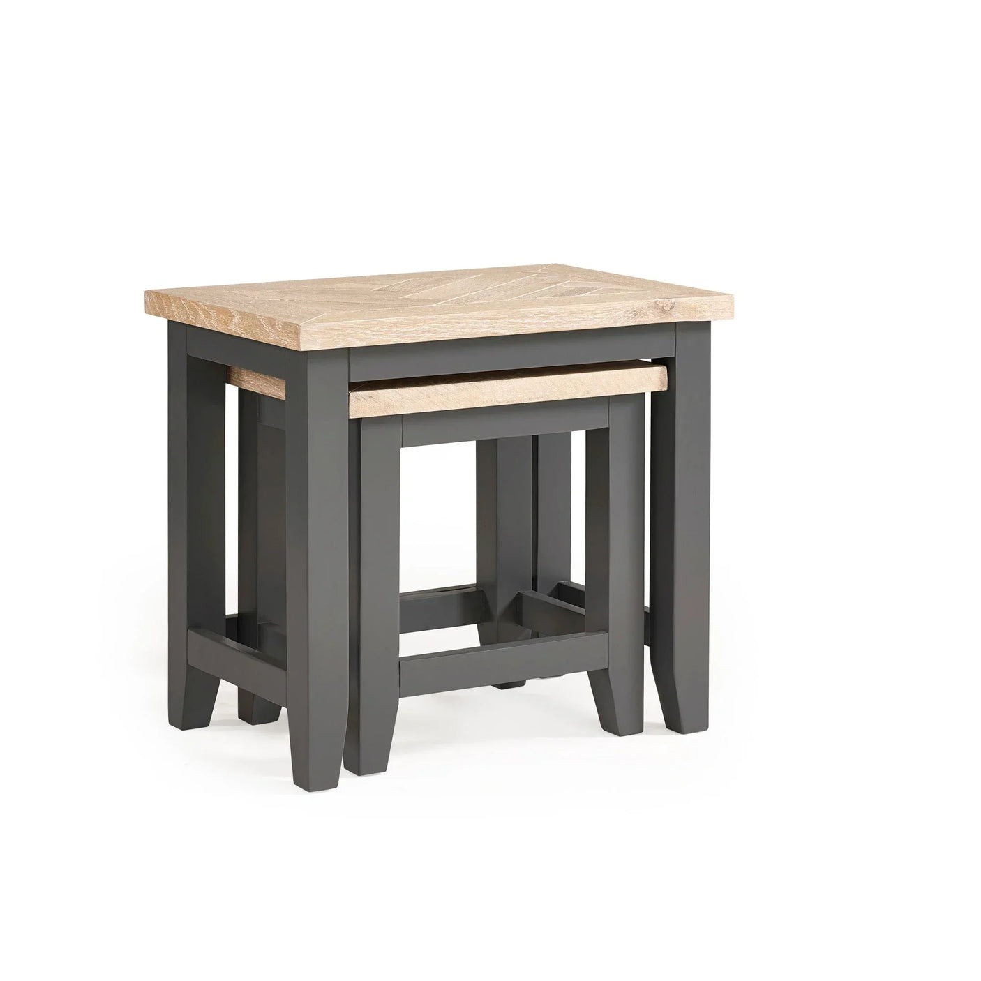 Nest of tables with light wood tops and dark painted legs, modern living room furniture