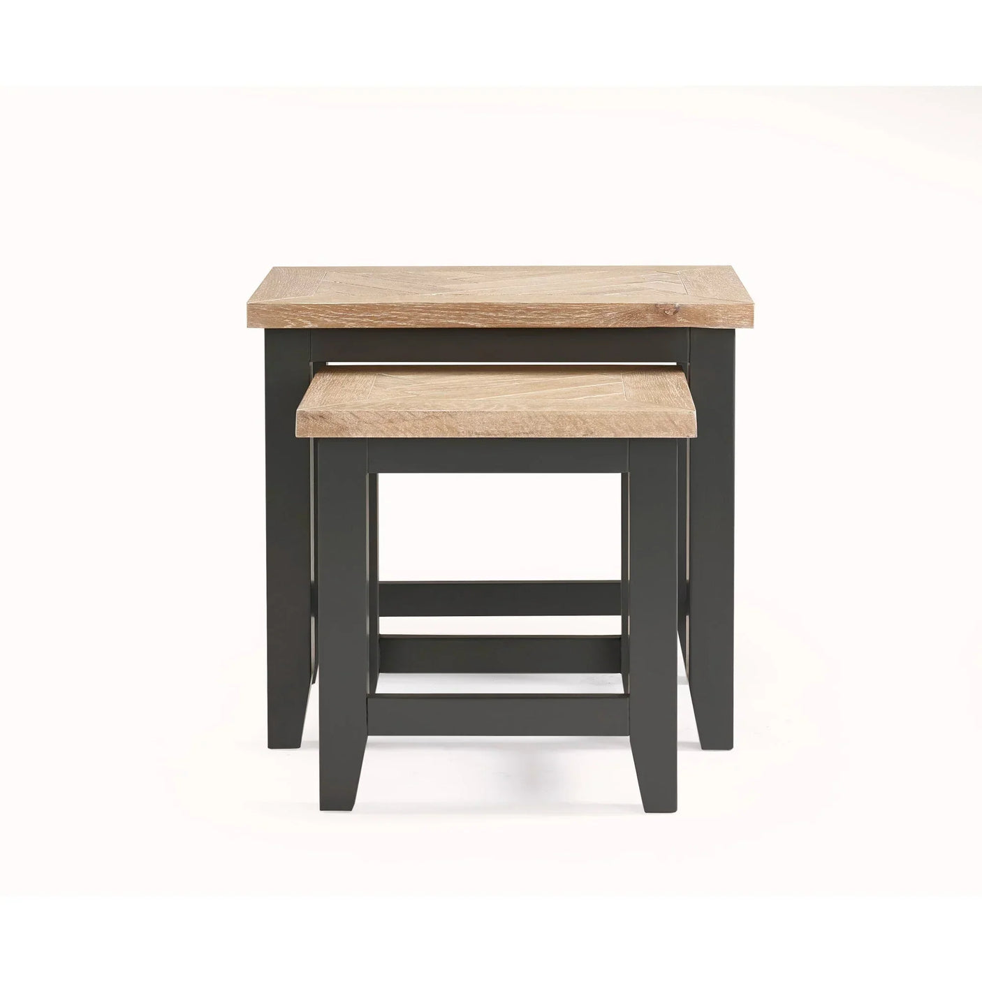 Oak and black nest of tables with square design, front view stacked together