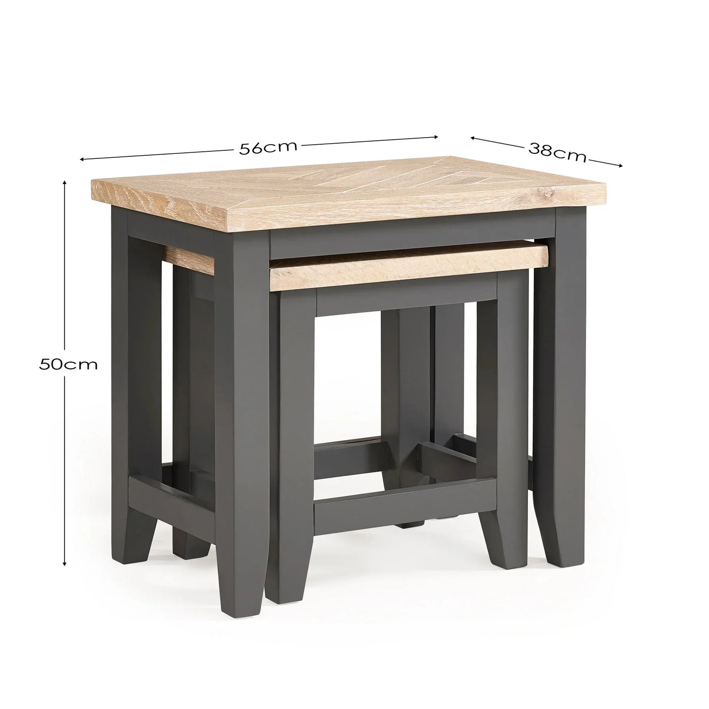 Set of two nesting tables with dark legs and light wood tops, measurements shown