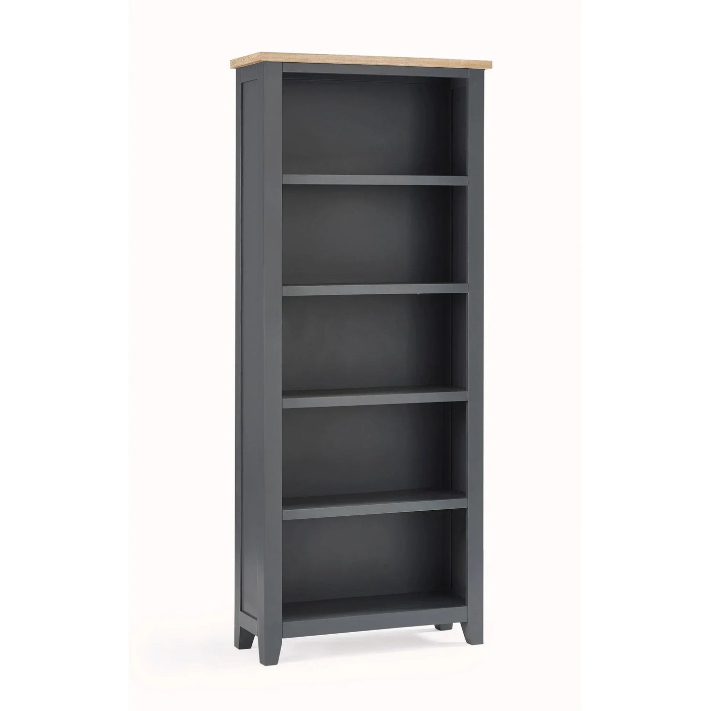 Tall grey bookcase with five open shelves and natural wood top, angled front view