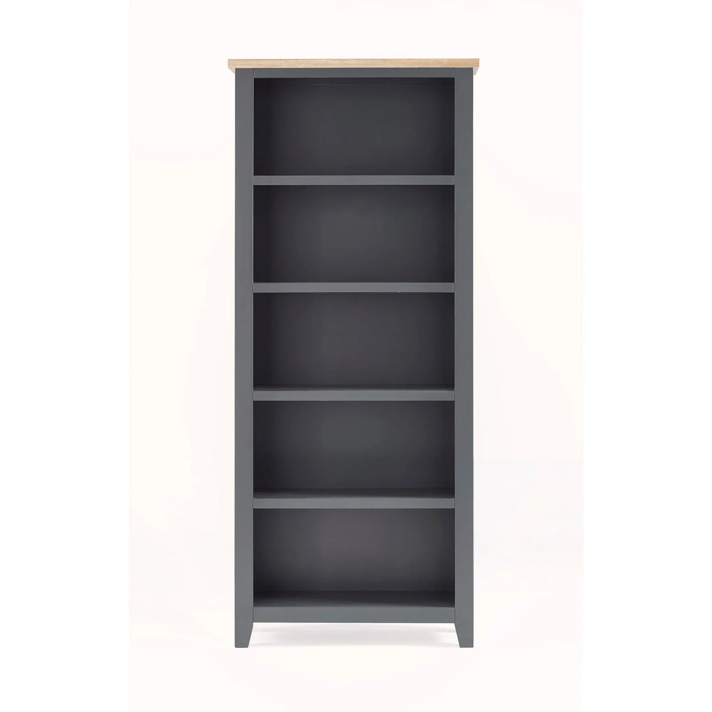Tall grey bookcase with five shelves and light wood top, front view