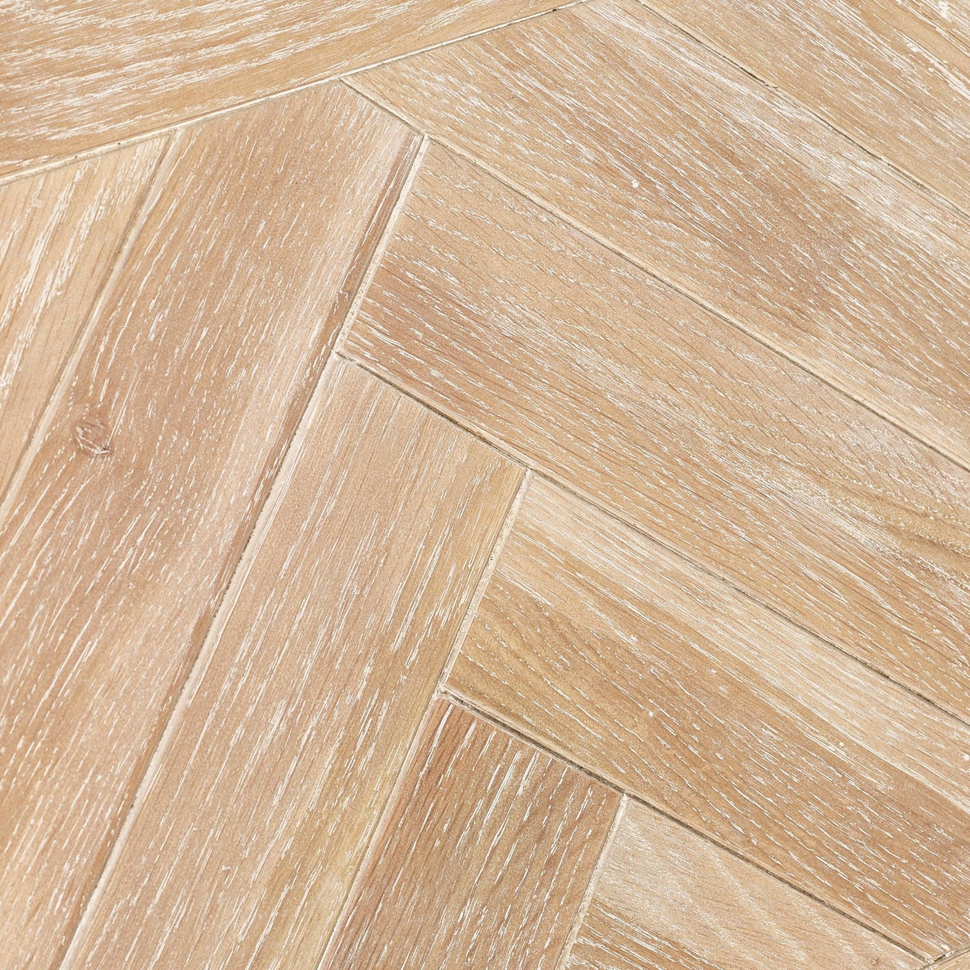 Close-up of light oak dining table top with herringbone wood grain pattern