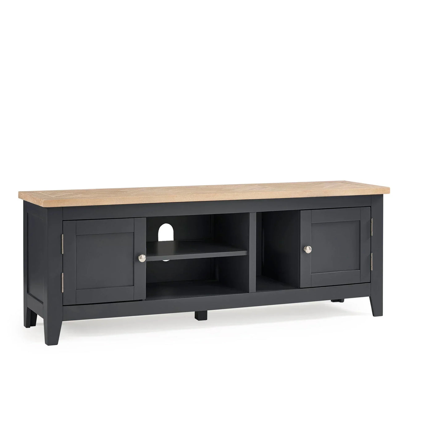 Black TV unit with oak top, storage shelves, cable hole, and two side cupboards