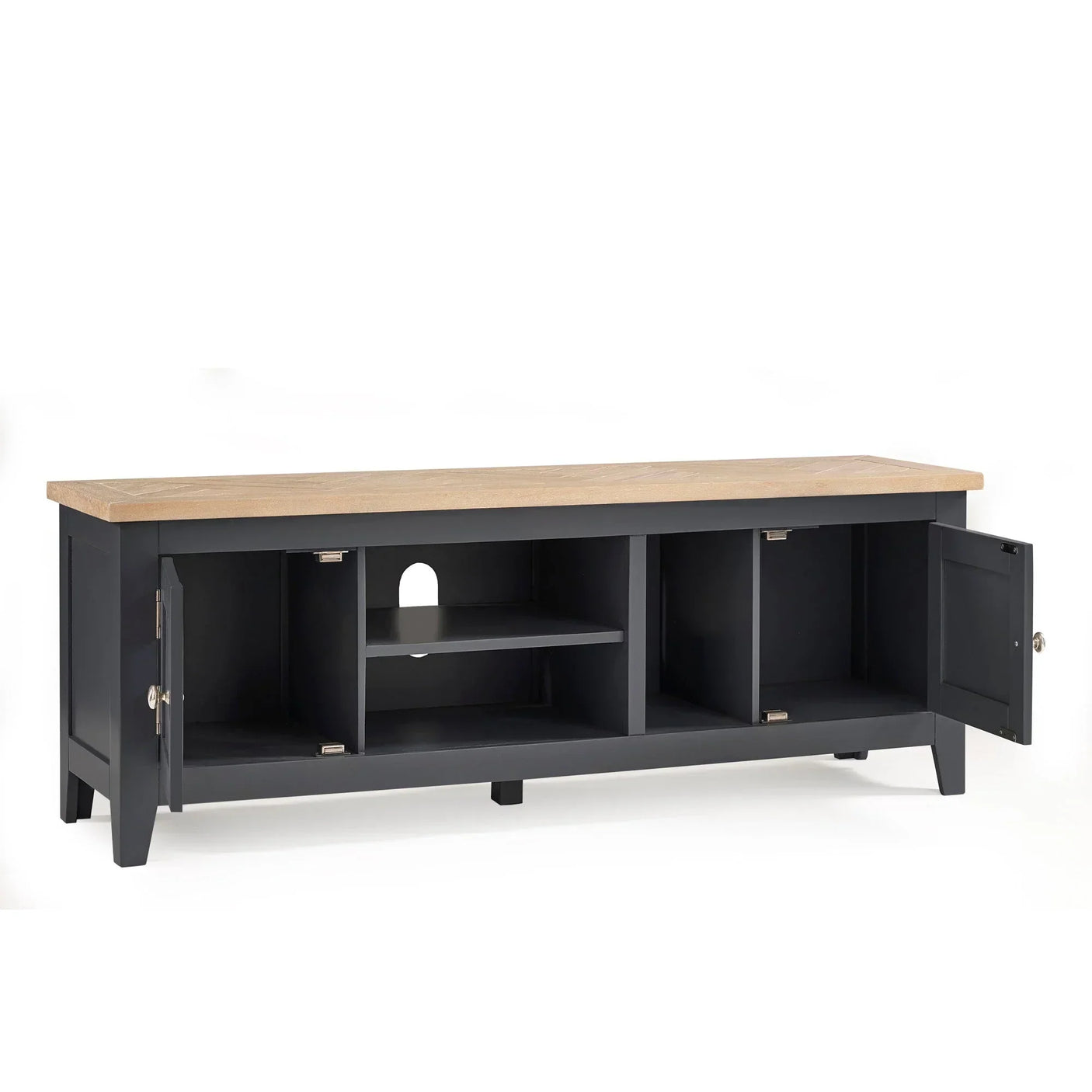 Black wooden TV unit with oak top, open doors, shelves and cable management hole