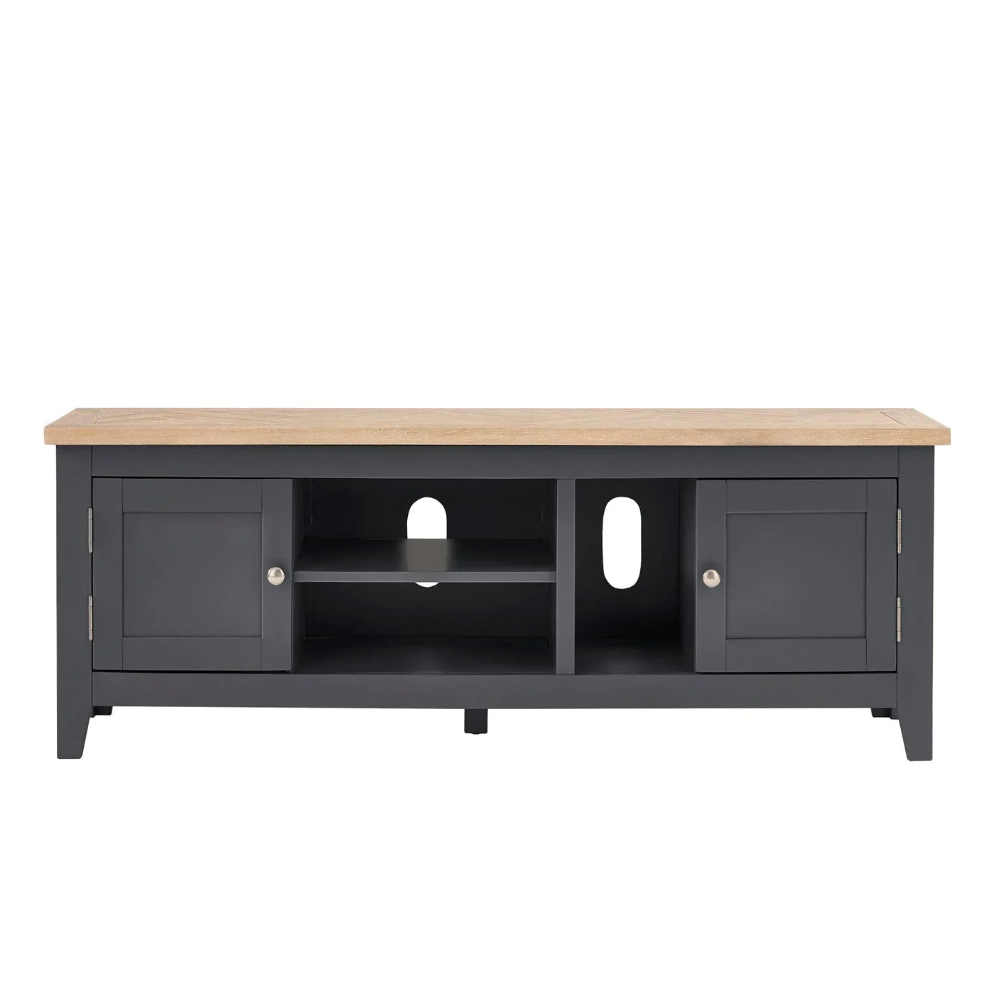 Grey wood TV unit with two cabinets, central shelves, and oak top, front view