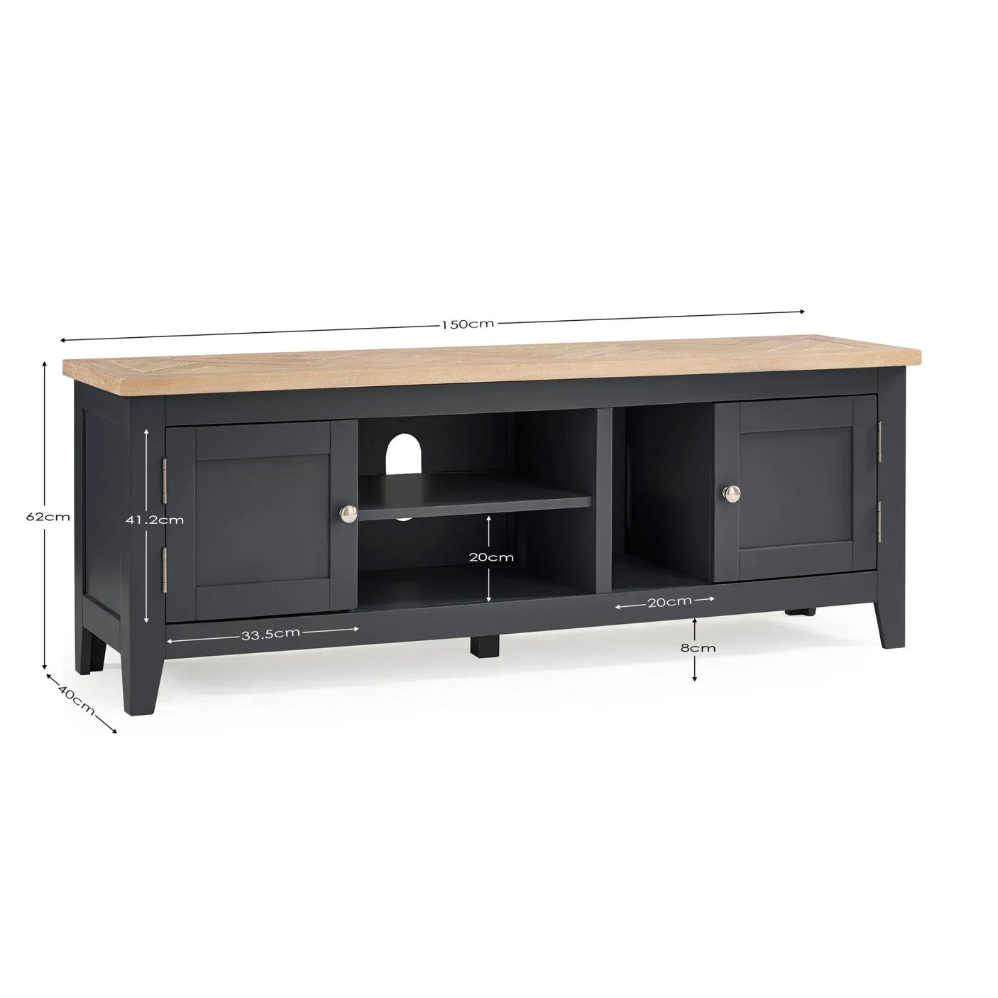 Black TV unit with oak top, two cabinets, open shelves, cable hole, and visible dimensions