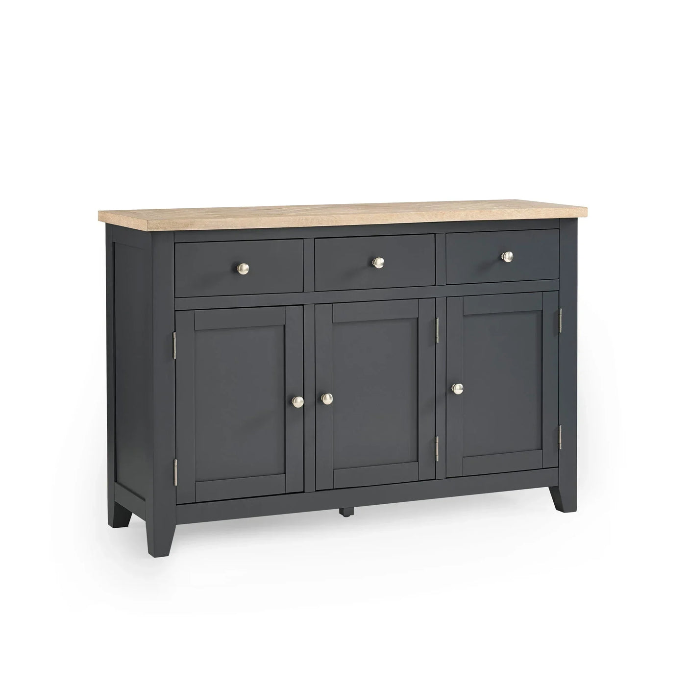 Dark grey sideboard with oak top, three drawers and three cabinet doors, front view