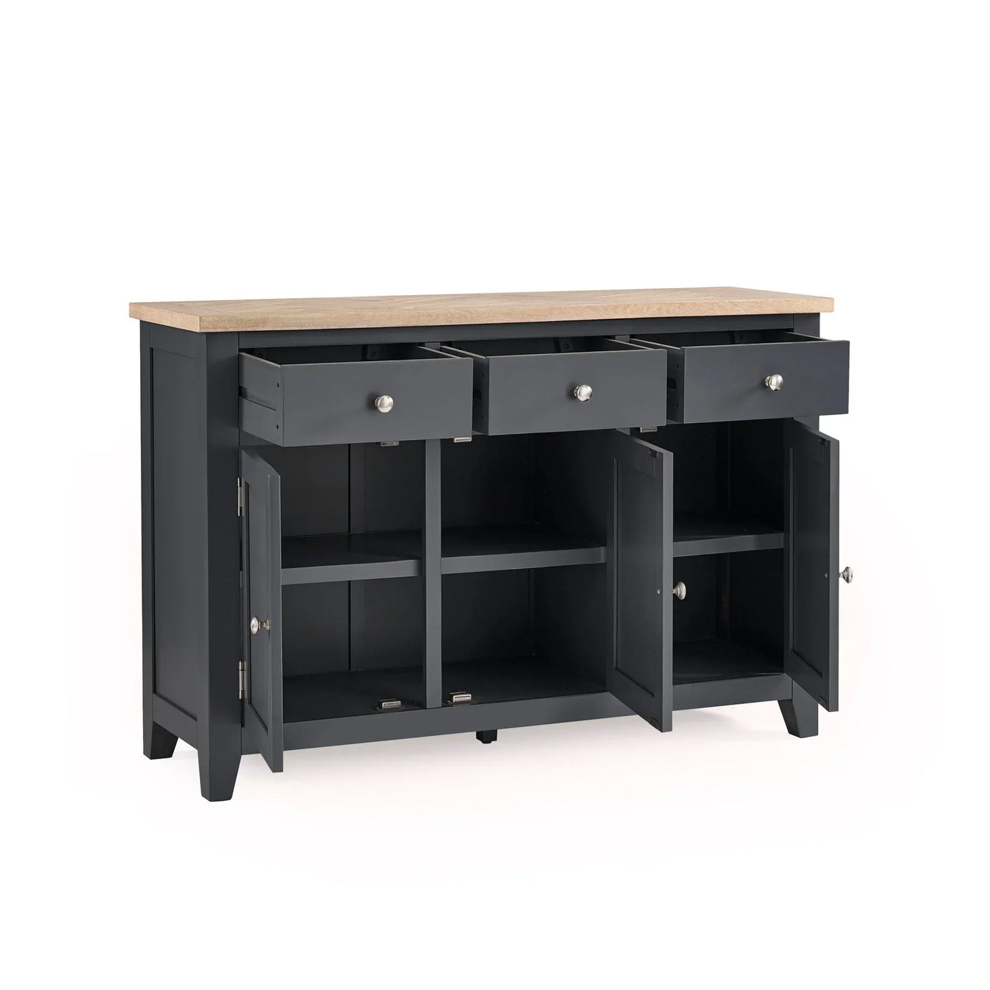 Charcoal sideboard with oak top, open drawers and cupboards showing internal storage shelves