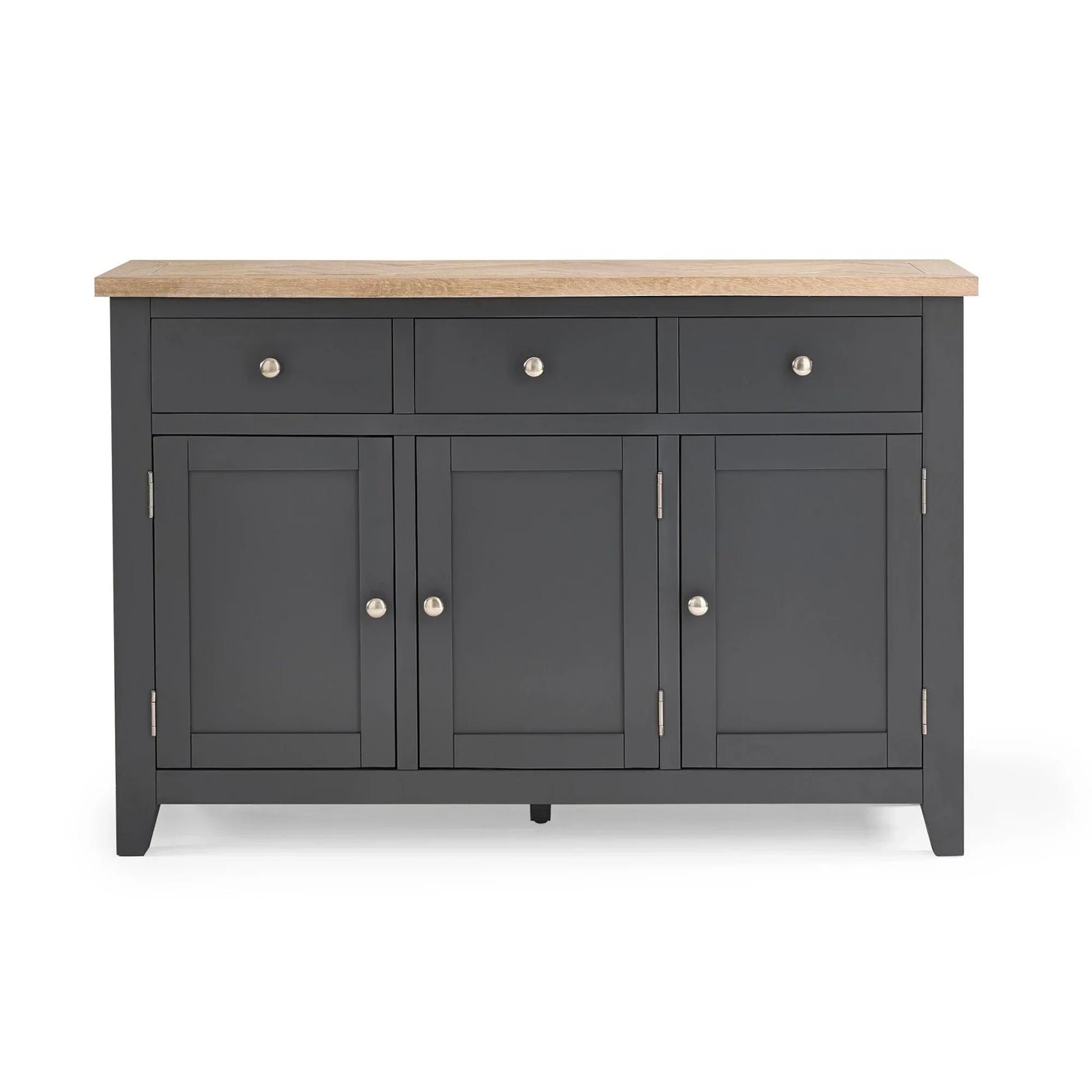 Grey sideboard with three drawers, four doors, and natural wood top, front view