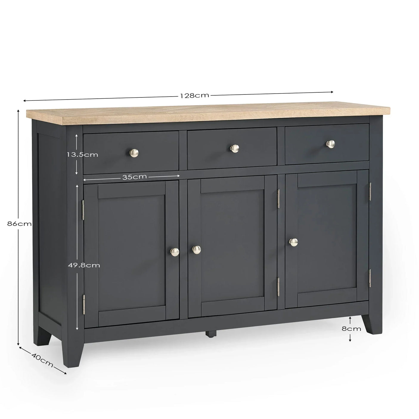Black sideboard with three drawers, oak top and three doors, size dimensions marked