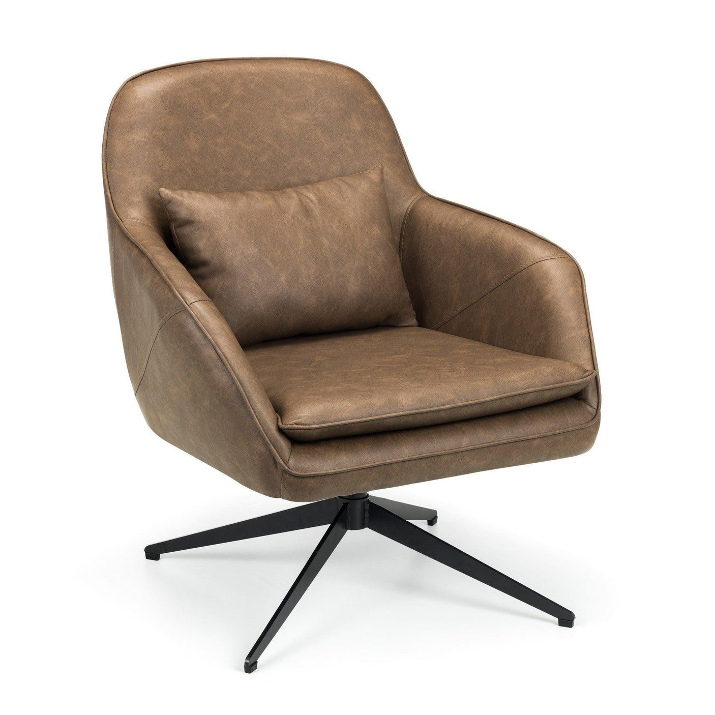 Brown leather accent chair with cushion on black swivel base, angled front view