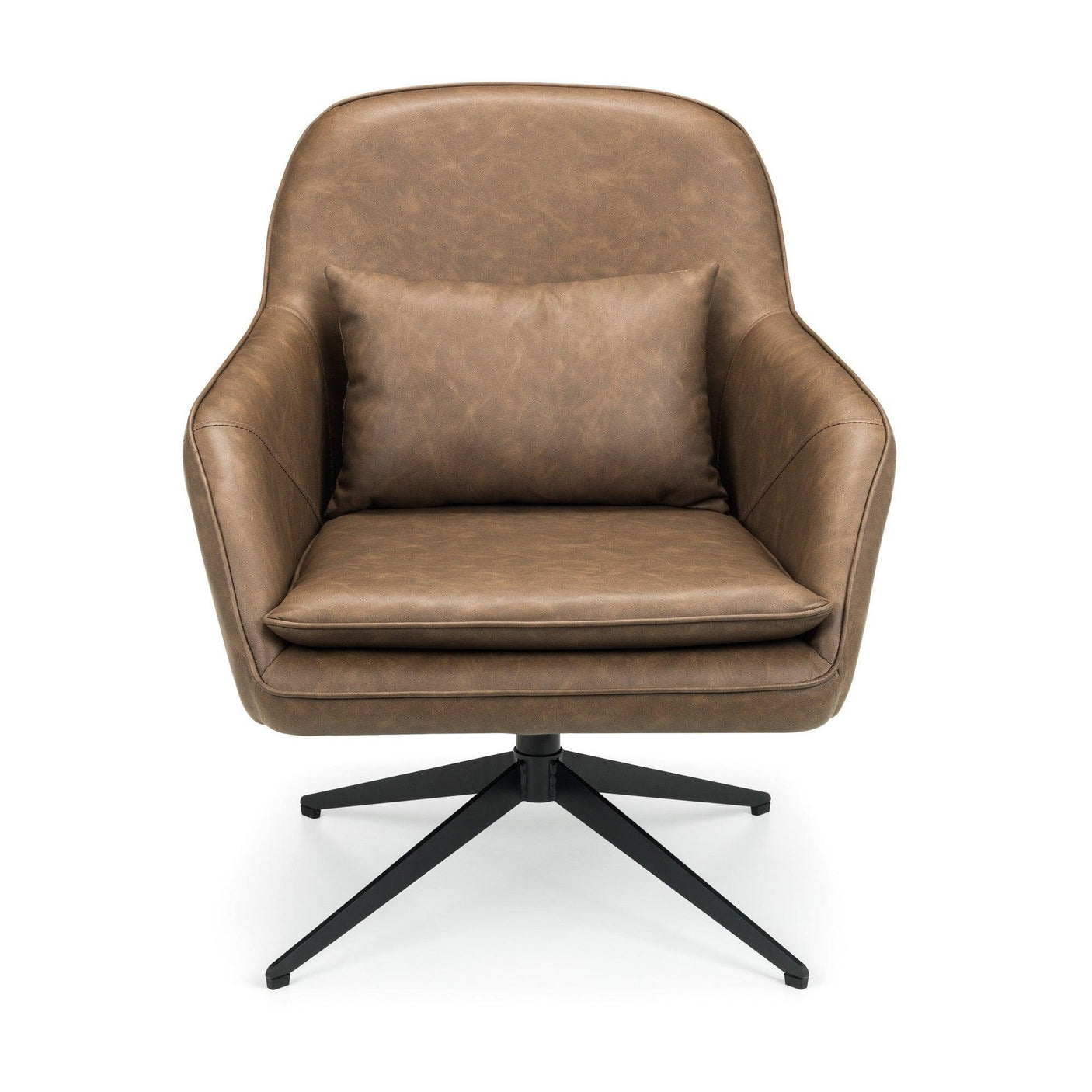 Brown leather accent chair with black swivel base and matching cushion, front view
