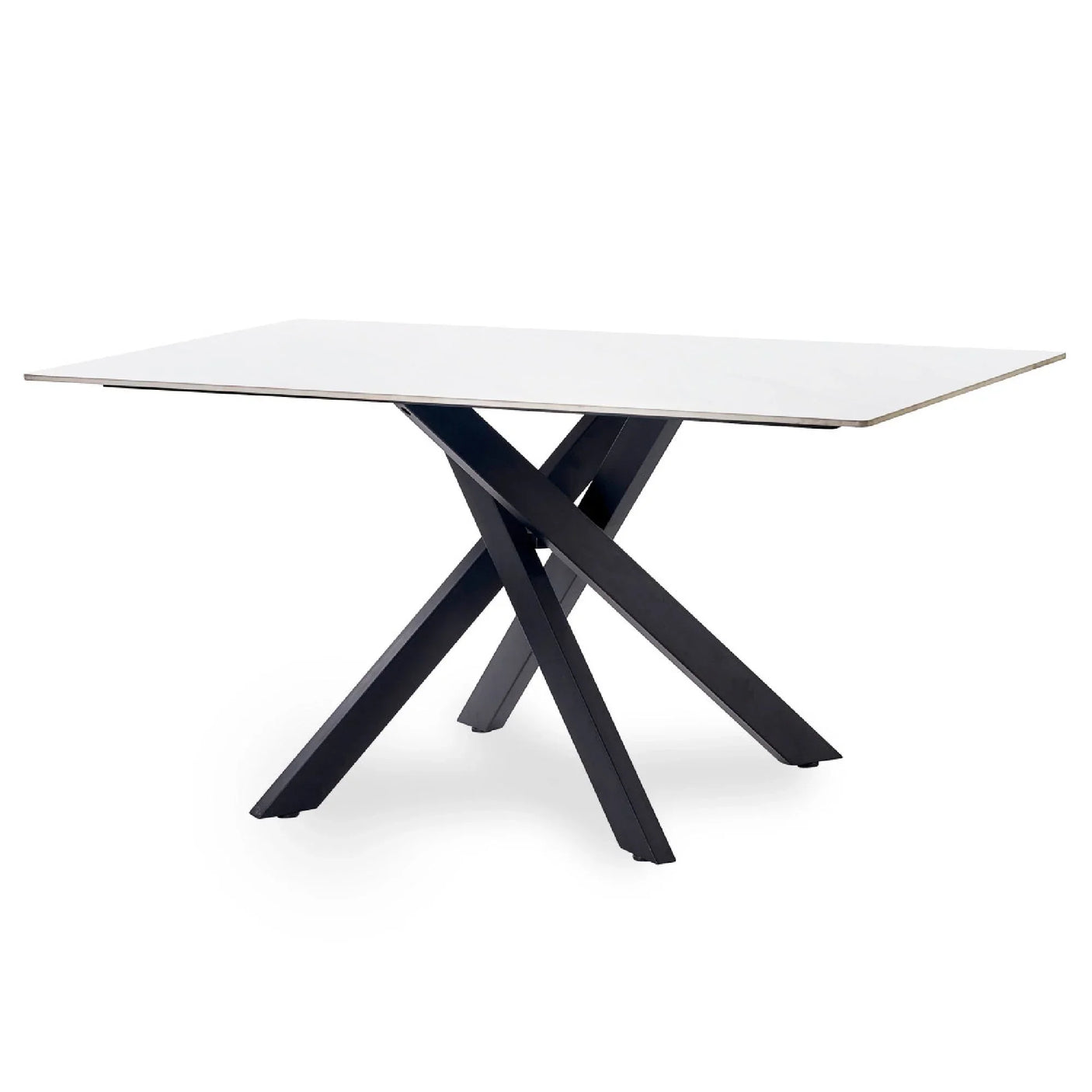 White marble dining table with rectangular top and black crossed metal legs