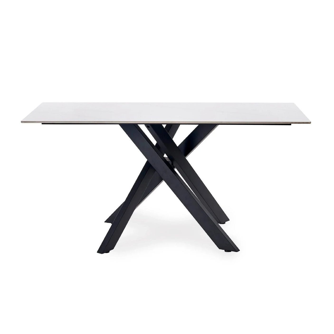 White marble dining table with rectangular top and black crossed metal legs