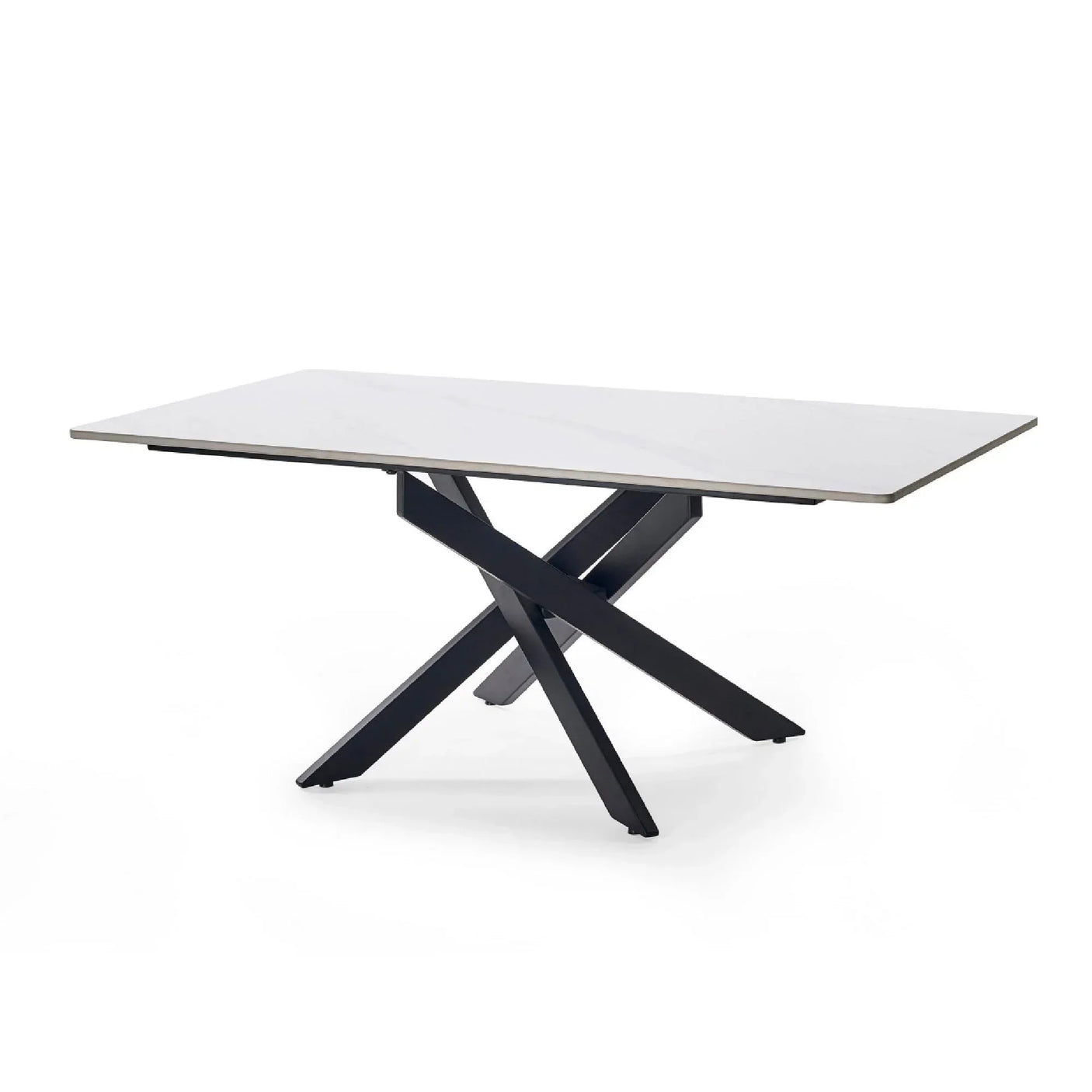 White marble coffee table with rectangular top and black crossed metal legs on white background