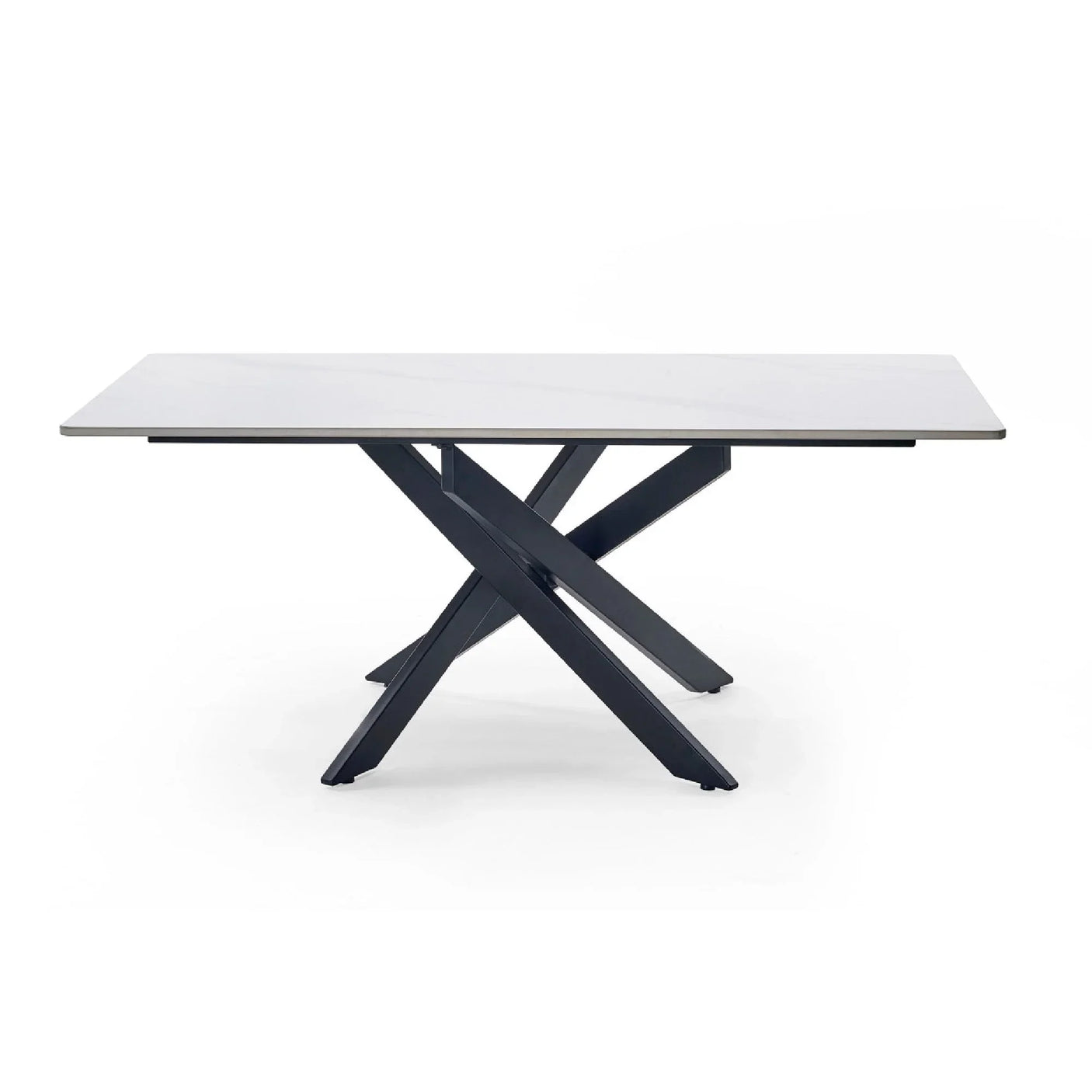 White marble coffee table with rectangular top and black crossed metal legs, cutout view