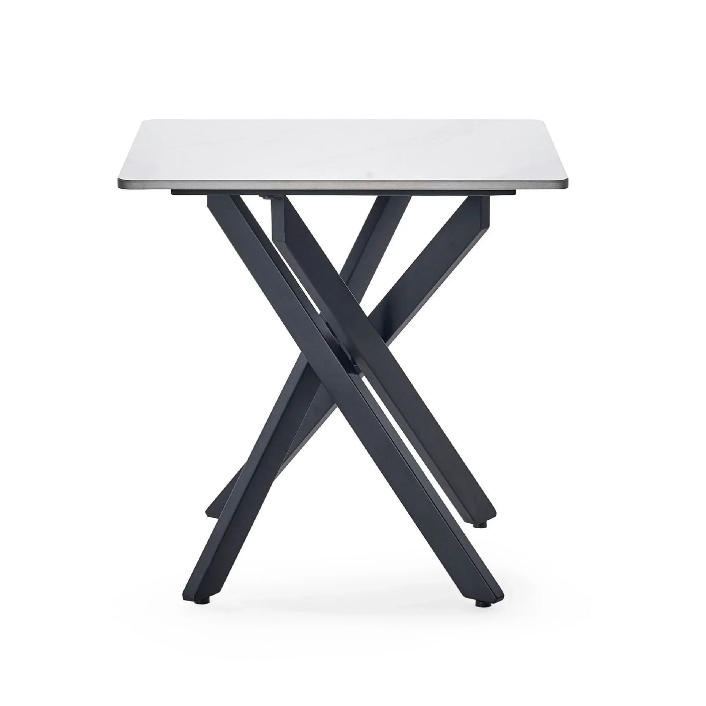 White marble lamp table with black crossed metal legs on white background