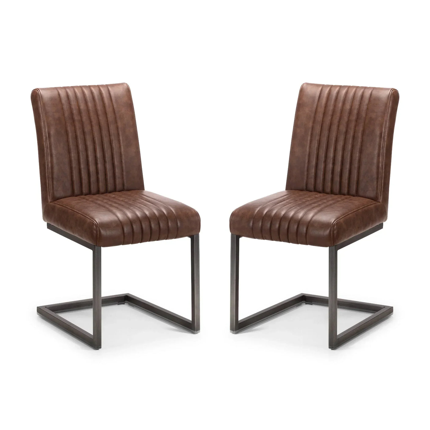 Pair of brown dining chairs with vertical stitching and metal cantilever legs