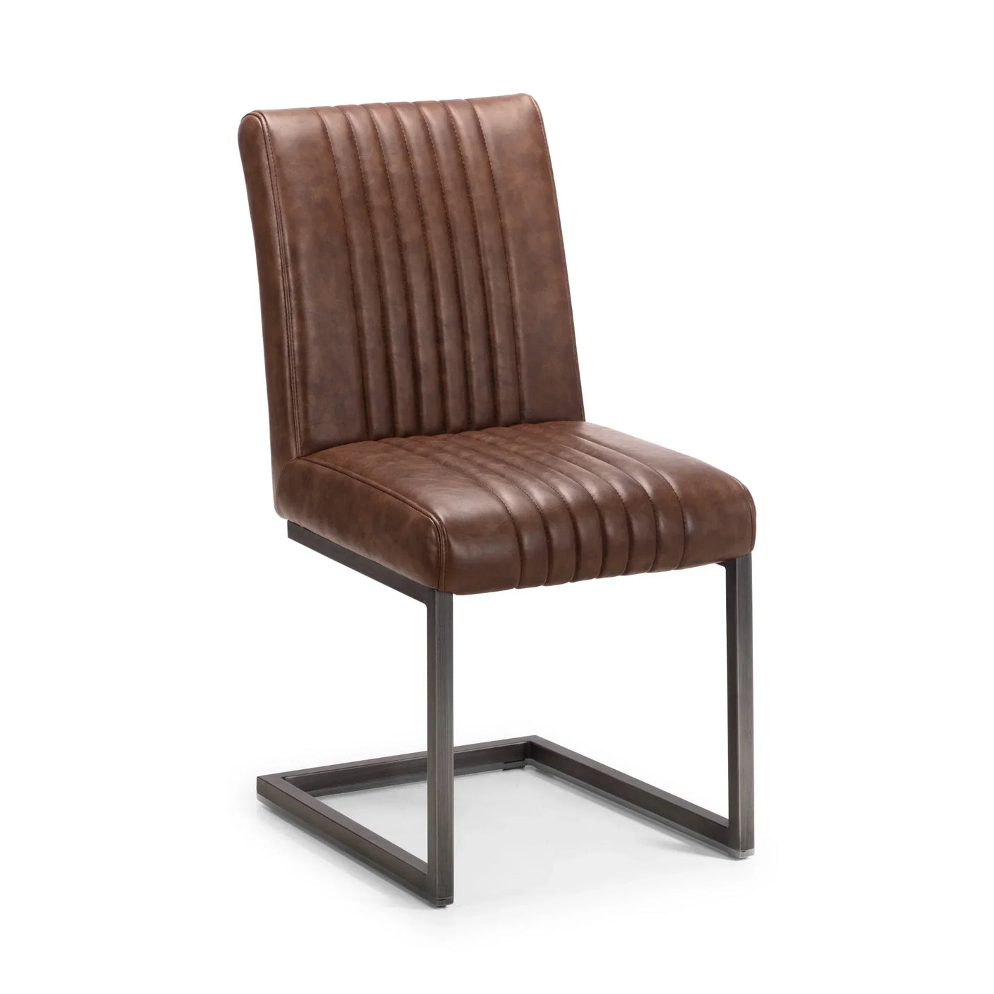 Brown faux leather dining chair with vertical stitching and metal cantilever base