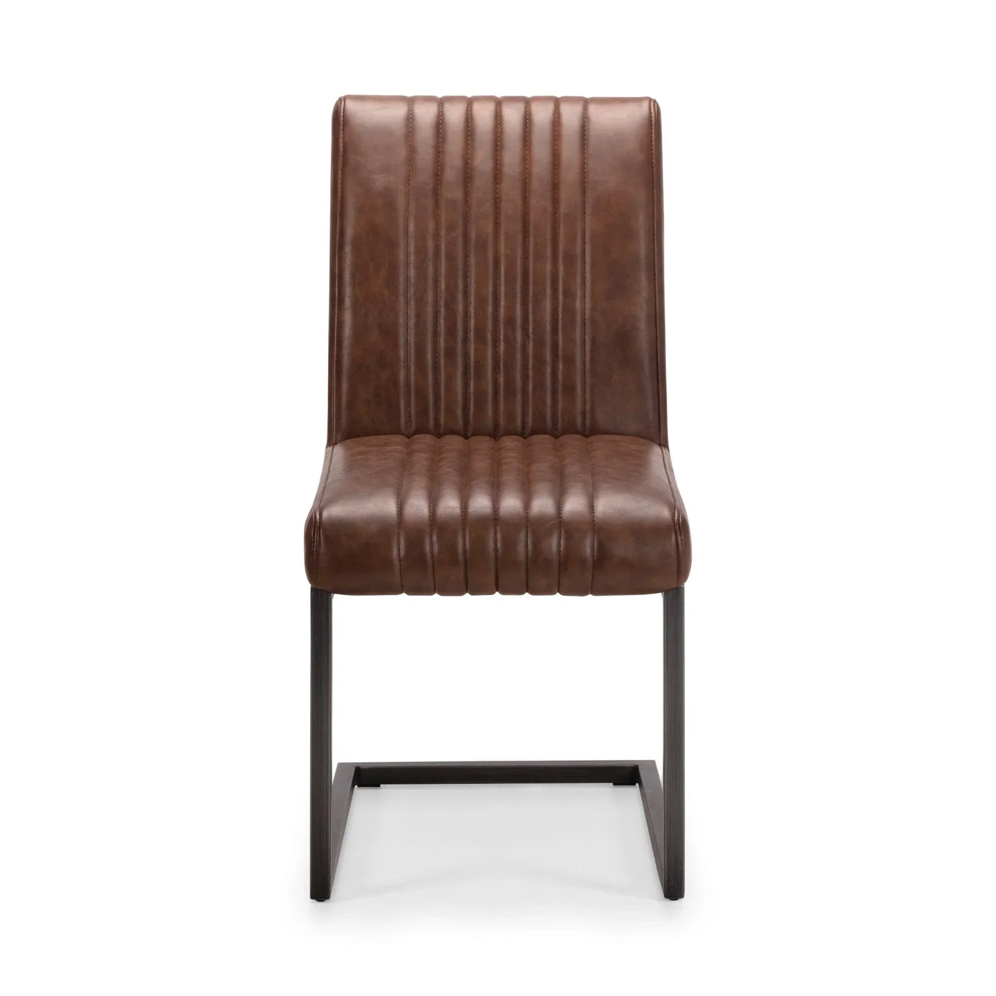 Brown dining chair with faux leather upholstery and metal cantilever base, front view