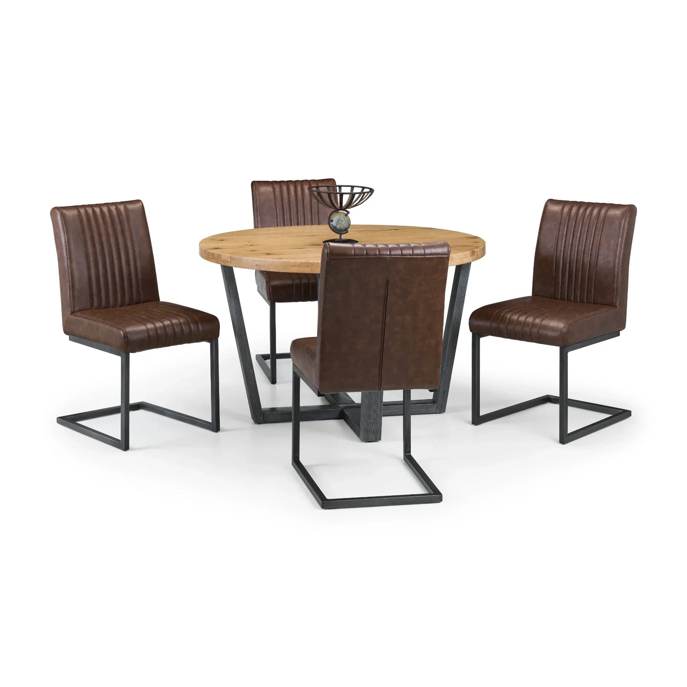 Brown dining chairs with metal legs around round wooden dining table on white background