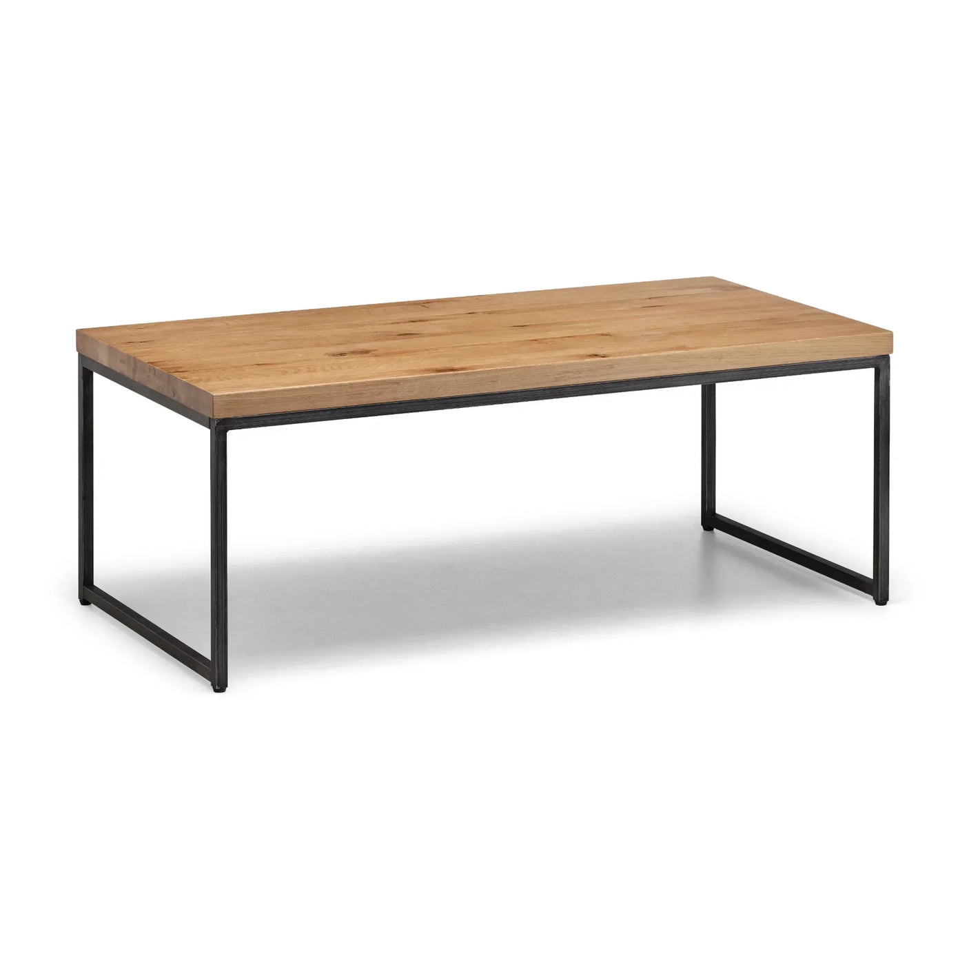 Modern nesting coffee table with light wood top and black metal frame on white background