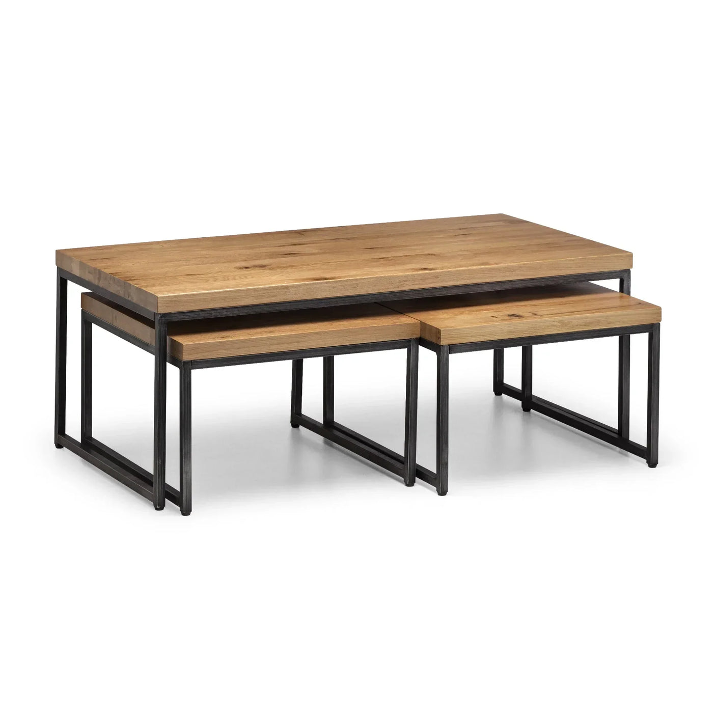 Oak nesting coffee tables with black metal frames, stacked set on white background