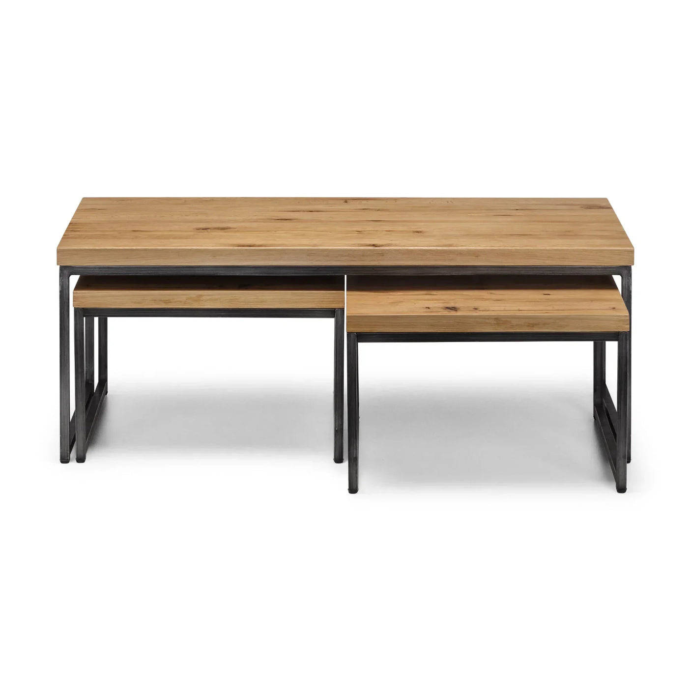 Rectangular nesting coffee tables with light wood tops and black metal frames