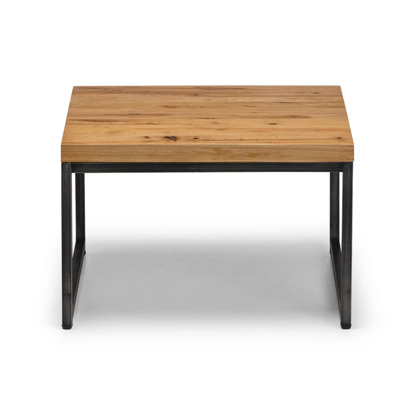 Rectangular nesting coffee table with light wood top and black metal frame, front view