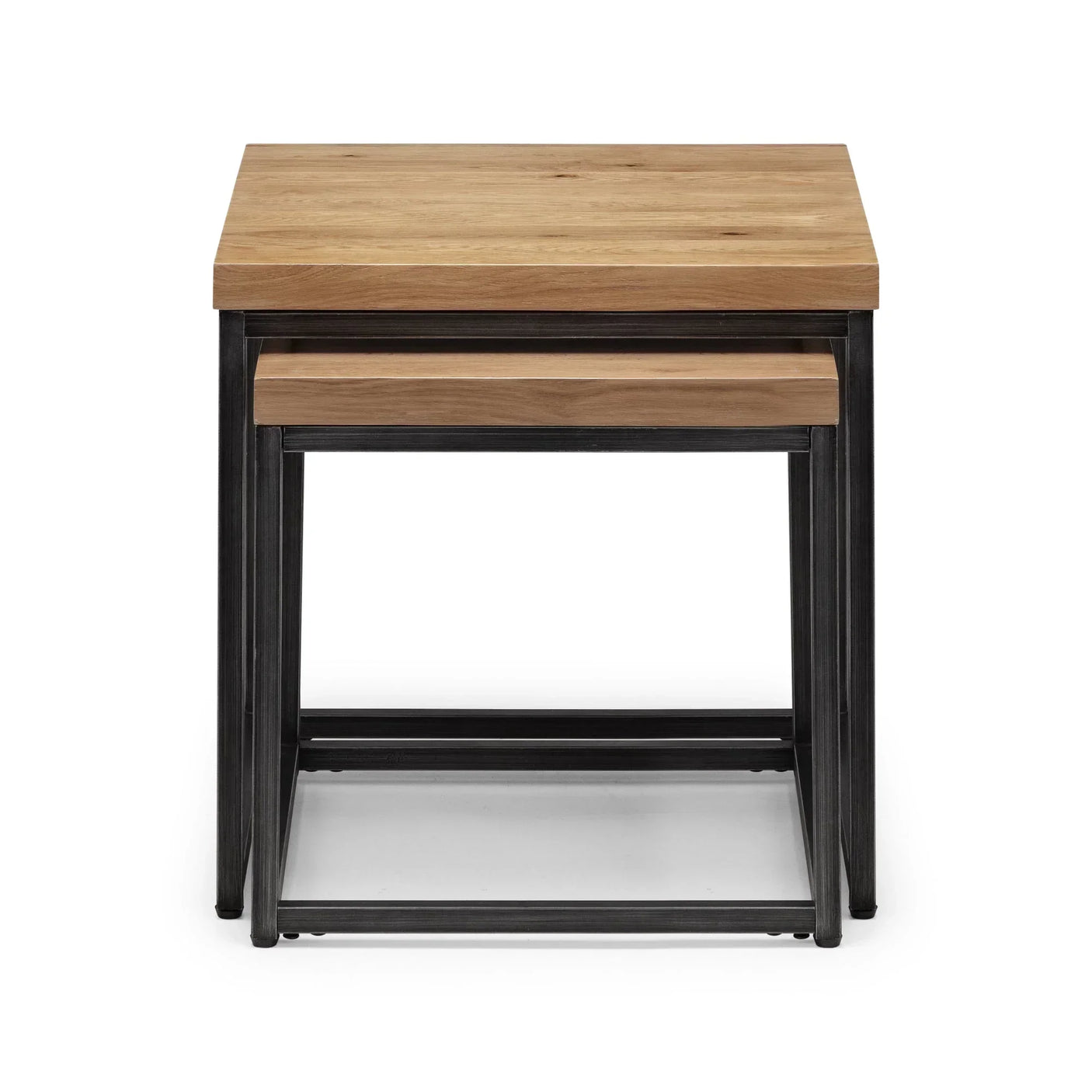 Oak and metal nesting lamp tables with square tops, stacked front view