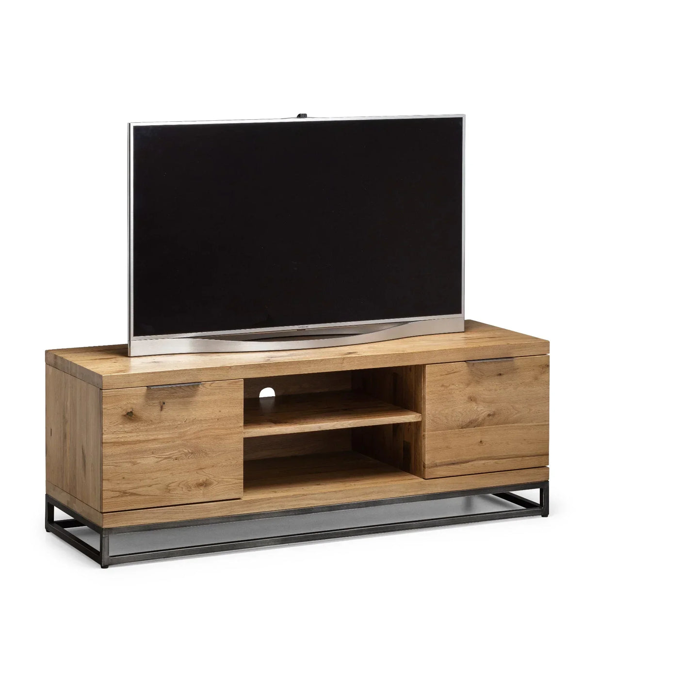 Oak TV unit with metal legs, open shelves and two side cupboards, front view