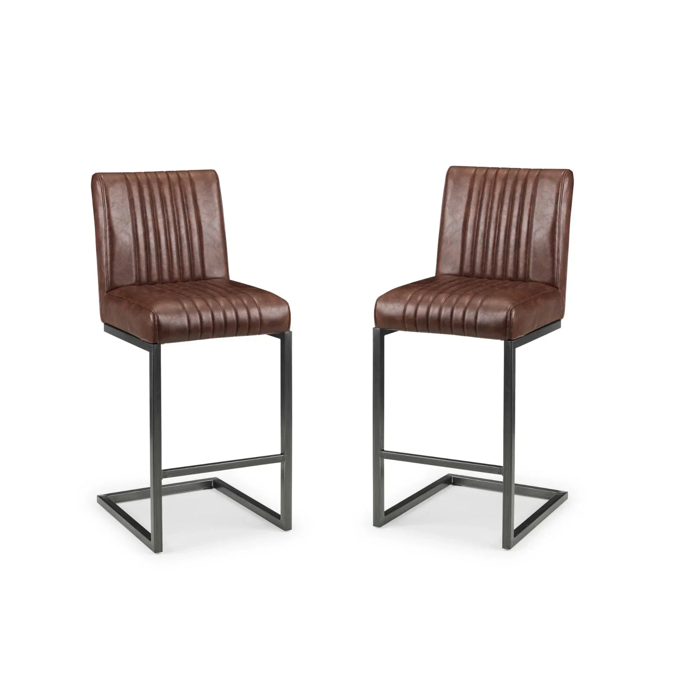 Pair of brown bar stools with metal legs and vertical stitching on seat and backrest