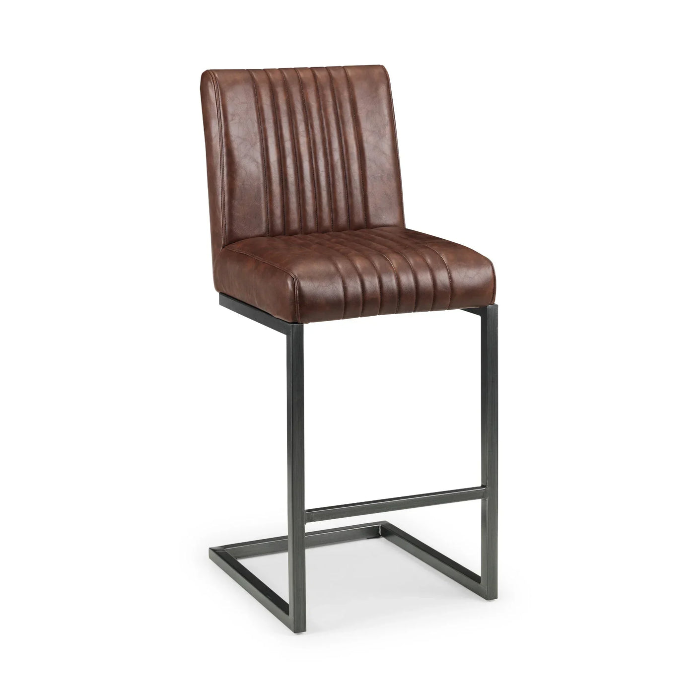 Brown faux leather bar stool with black metal frame and vertical stitched detail