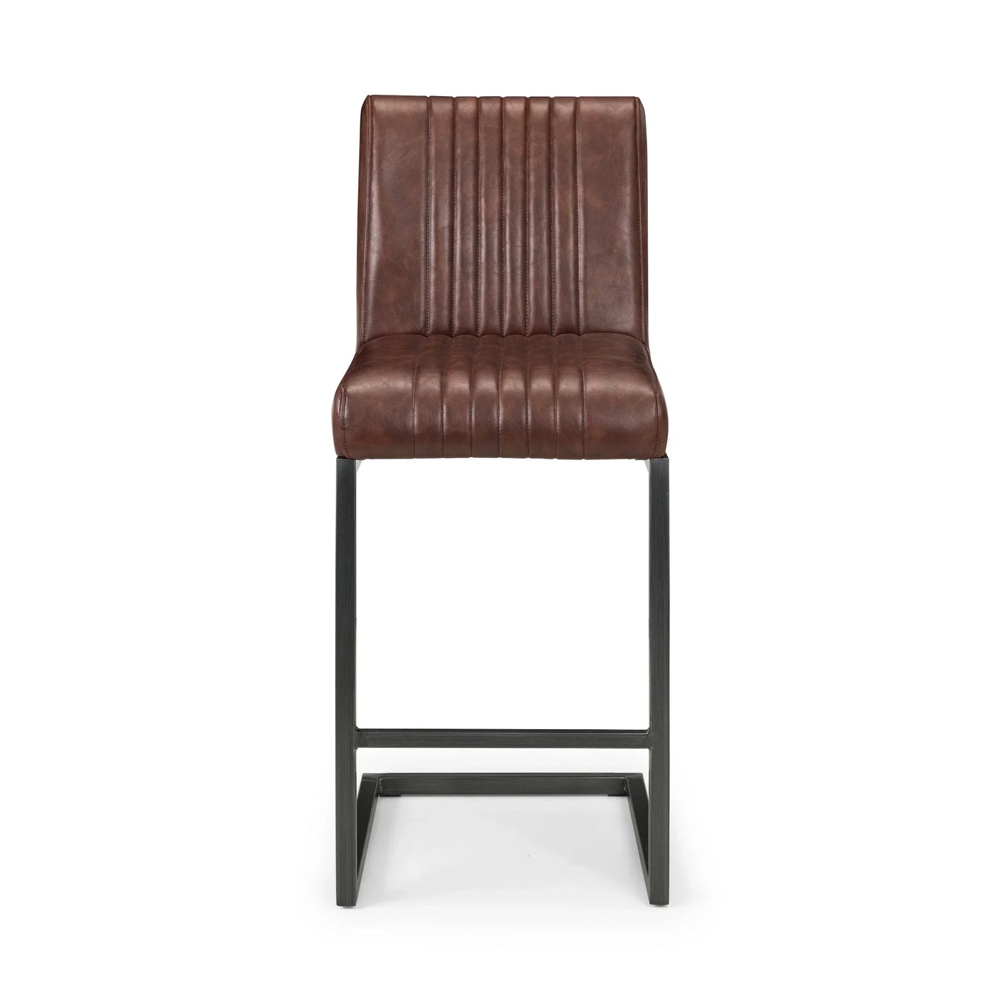 Brown faux leather bar stool with vertical stitching and black metal legs, front view