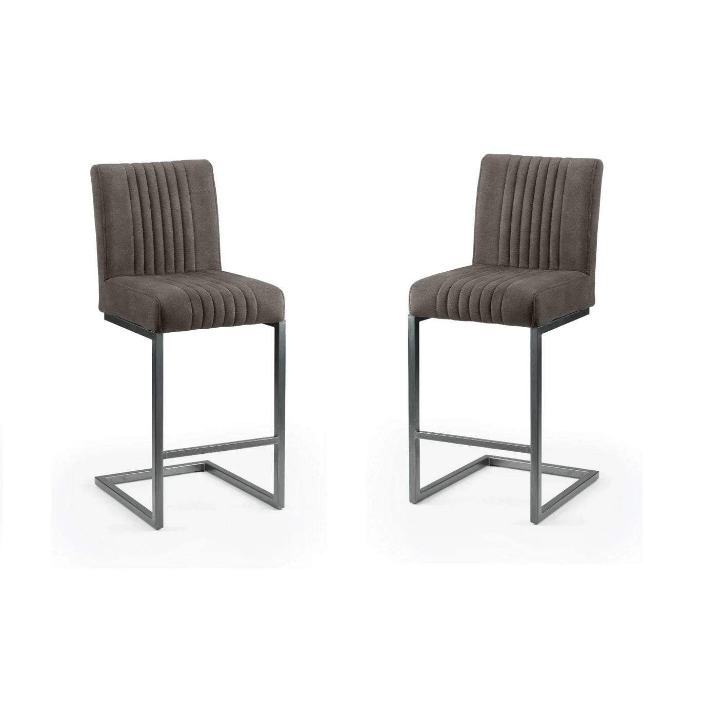 Pair of grey bar stools with metal legs and vertical stitched upholstery on white background
