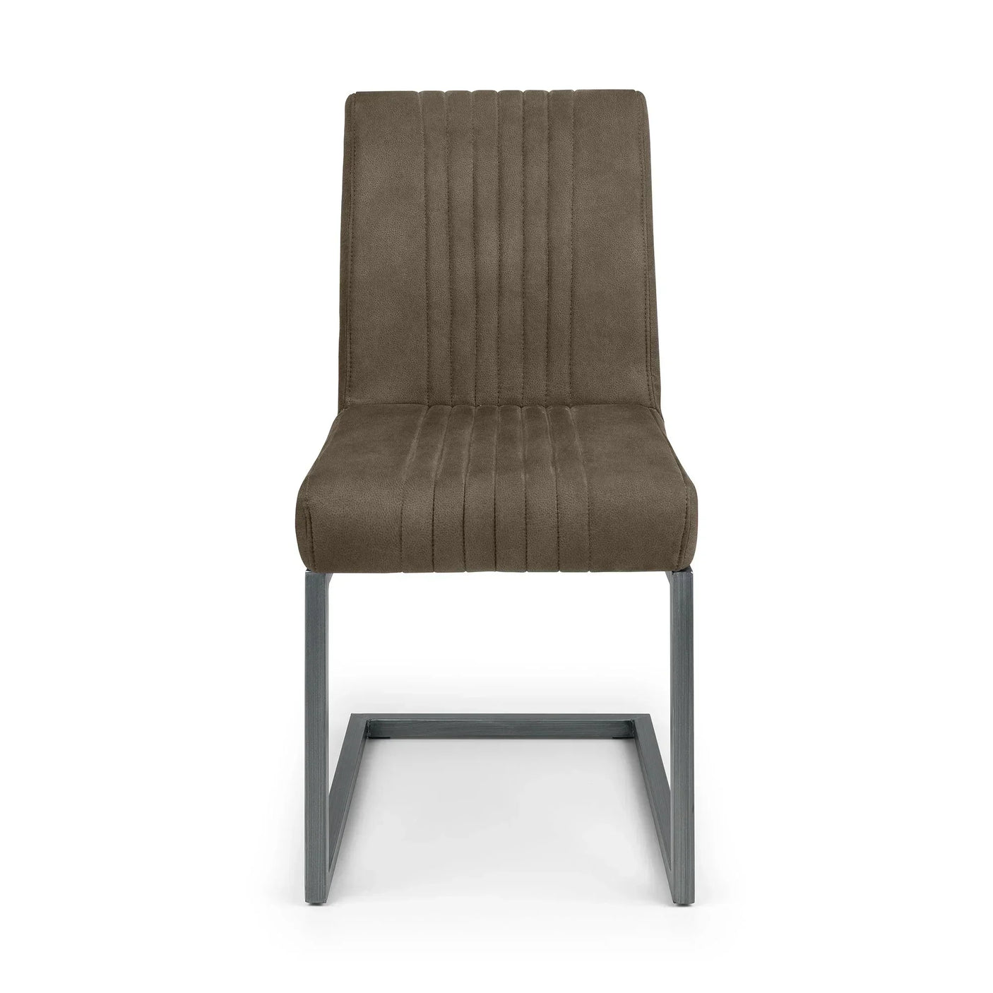 Charcoal grey dining chair with vertical stitching and metal cantilever base, front view