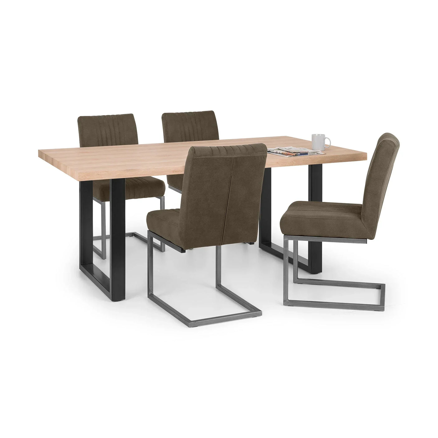Charcoal grey dining chairs with metal legs around light wood table on white background